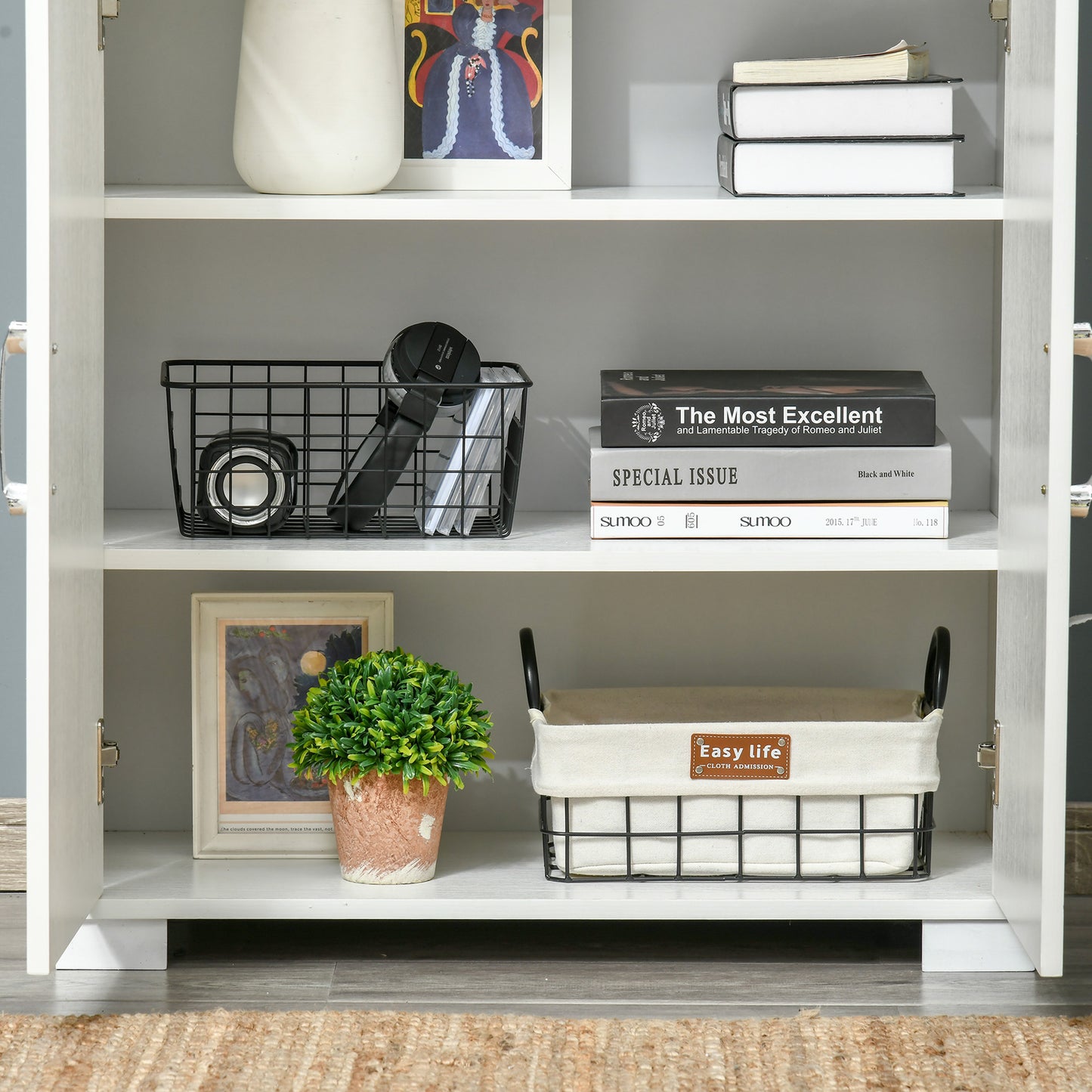 Industrial kitchen Pantry Storage Cabinet with 4 Doors, Cupboard with Shelves for Bedroom and Living Room, White