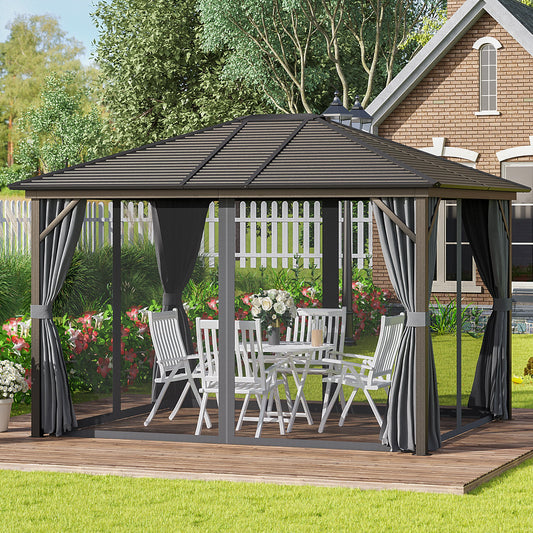 Outsunny 10' x 12' Deluxe Hardtop Gazebo with Metal Roof, Aluminum Frame Patio Gazebo Garden Sun Shelter Outdoor Pavilion with Curtains and Netting, Grey