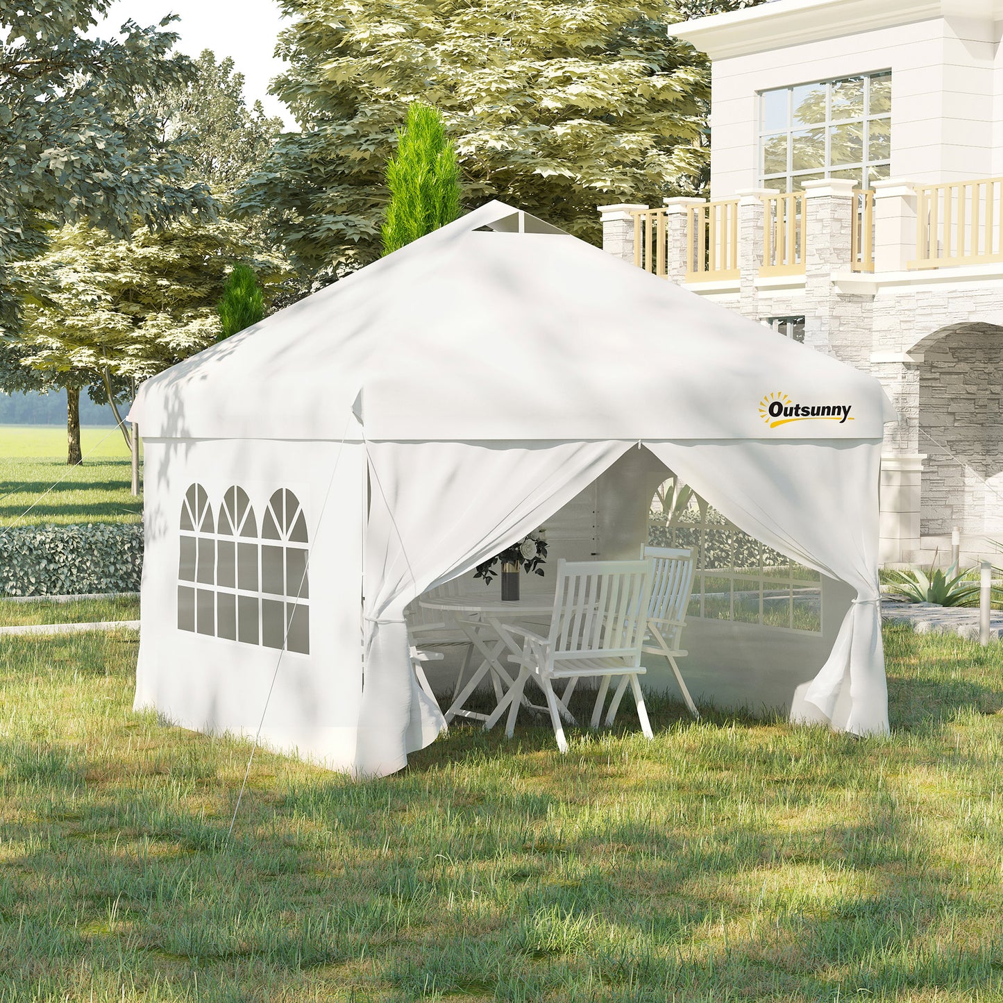 Outsunny 10' x 10' Pop Up Canopy Tent, Instant Shelter Tent with Sidewalls, Windows, Roller Bag for Garden, Patio, White