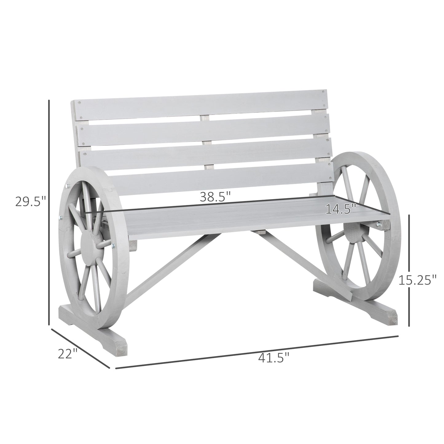 Outsunny 42" Wood Wagon Wheel Bench Garden Loveseat Rustic Seat Relaxing Lounge Chair Outdoor Decorative Seat Park Decor Grey