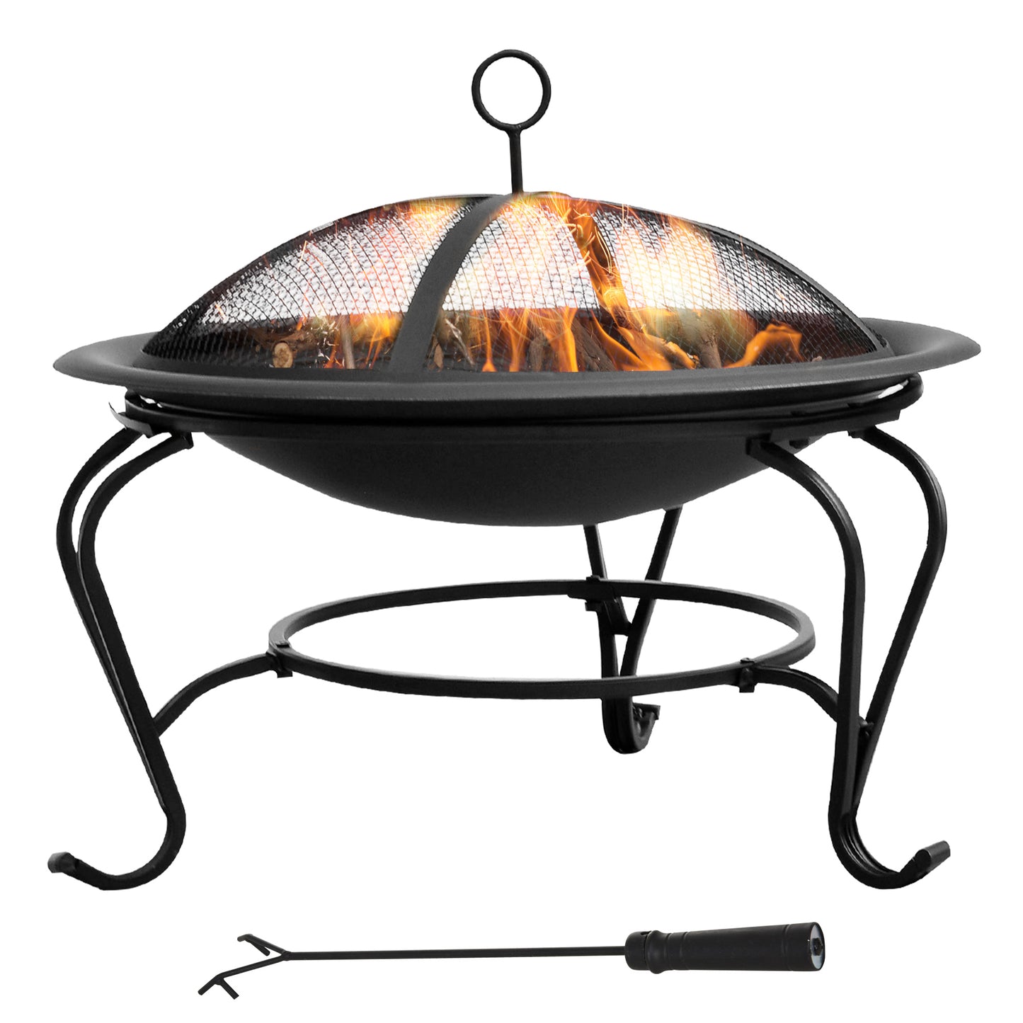 Outsunny 22" Round Fire Pit with Poker and Spark Screen Wood Burning Patio Fireplace Black