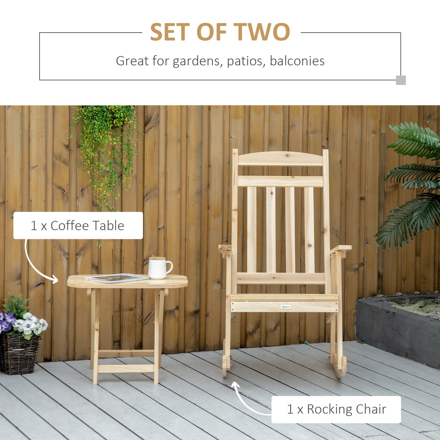 2 Pieces Patio Wooden Rocking Chair Set, Outdoor Rocker Sets with High Back Armchair and Foldable Side Table for Backyard, Garden, Porch, Natural