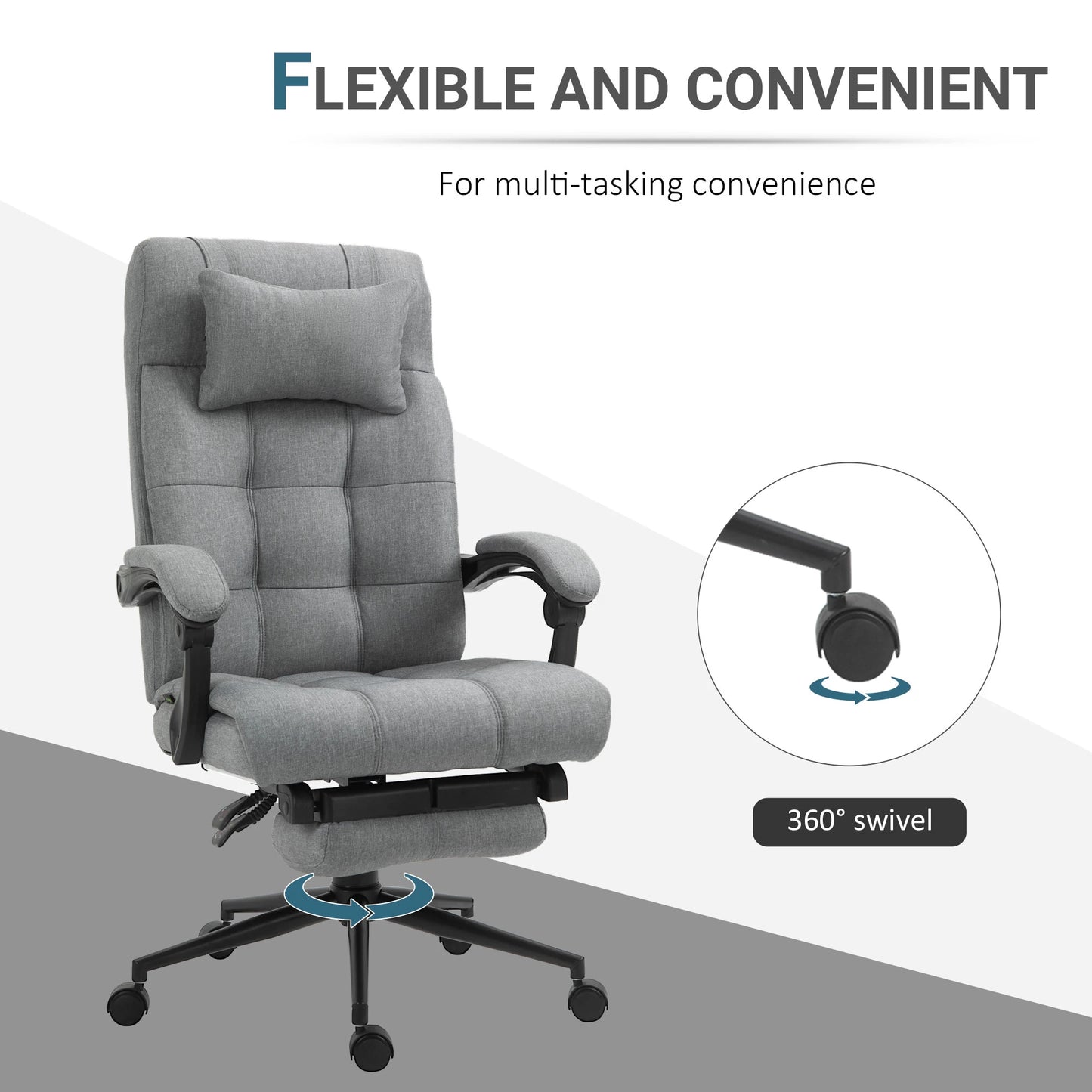 Executive Office Chair High Back Linen-Feel Fabric Swivel Chair with Upholstered Retractable Footrest, Headrest and Armrest, Light Grey