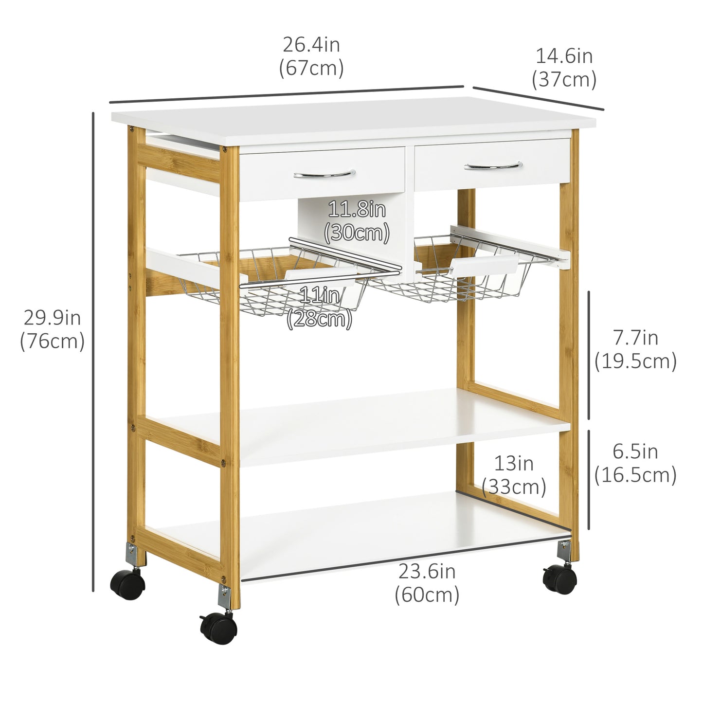 Kitchen Island with Storage, Bamboo Kitchen Cart on Wheels with 2 Drawers, 2 Metal Baskets, Open Shelves and Casters with Lock, Natural