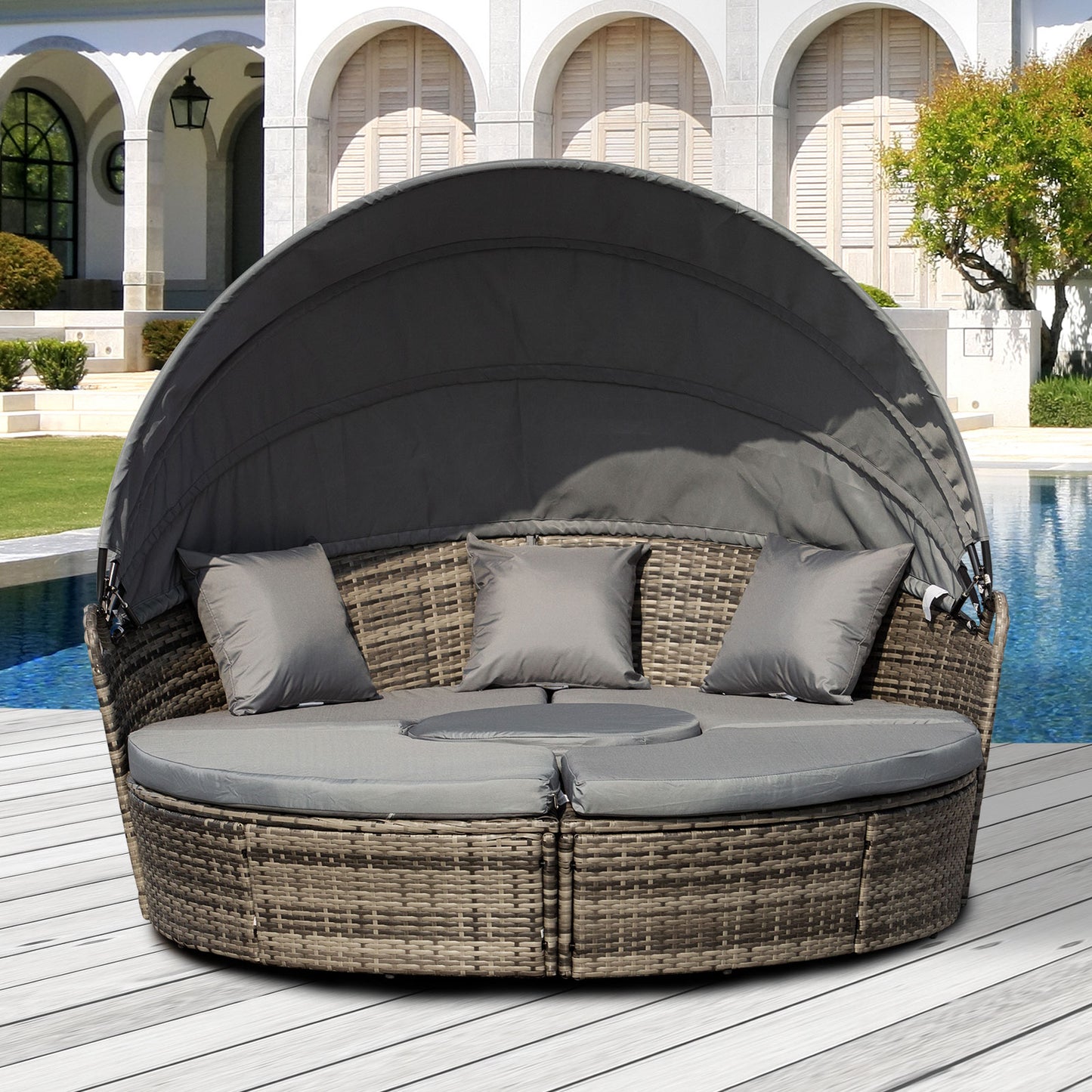 Outsunny 4 Pieces Outdoor Daybed, Patio Lounge Chair with Cushioned Round Sofa Bed, Sectional Patio Conversation Furniture Set with Canopy & Coffee Table, Gray