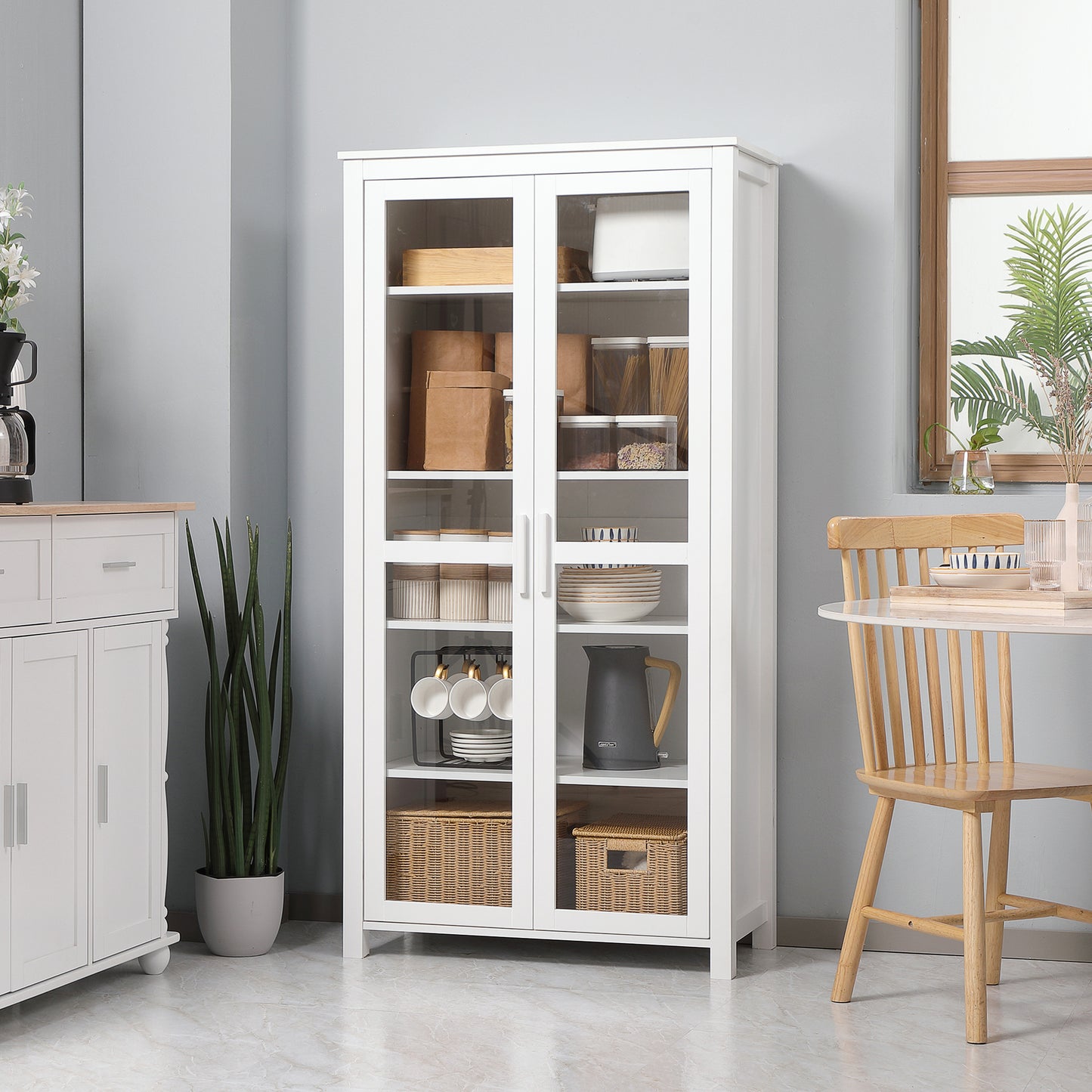 Freestanding Kitchen Pantry, 5-tier Storage Cabinet with Adjustable Shelves and 2 Glass Doors for Living Room, Dining Room, White