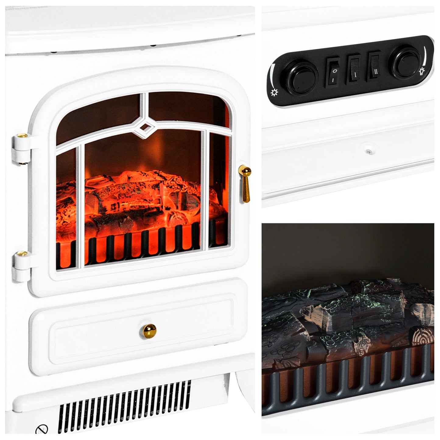 16" Free Standing Electric Fireplace Portable Adjustable Stove with Heater Wood Burning Flame 750/1500W White