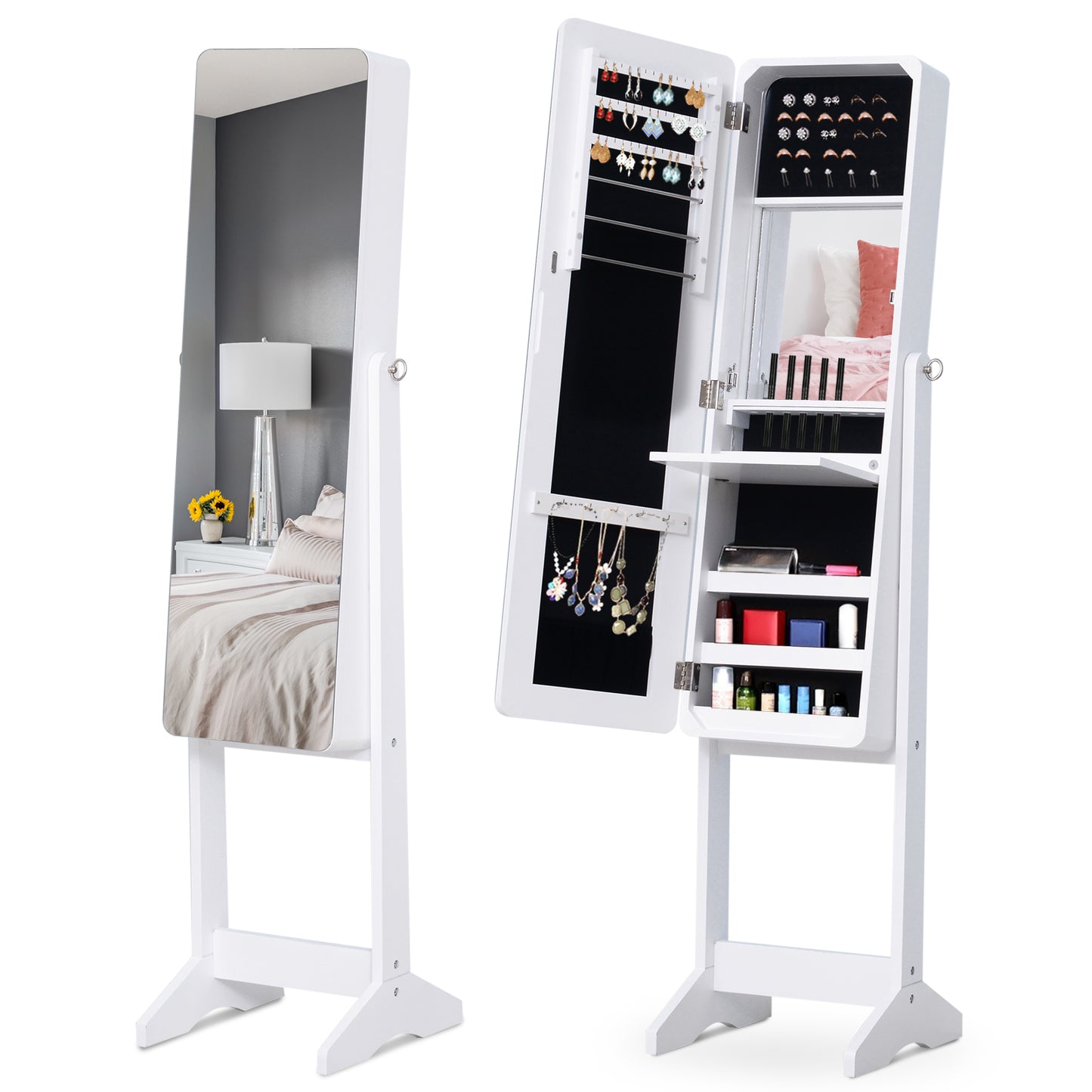 Freestanding Mirrored Jewelry Cabinet, LED Lighted Jewelry Armoire, Storage Organizer with Stand, Angle Adjustable White