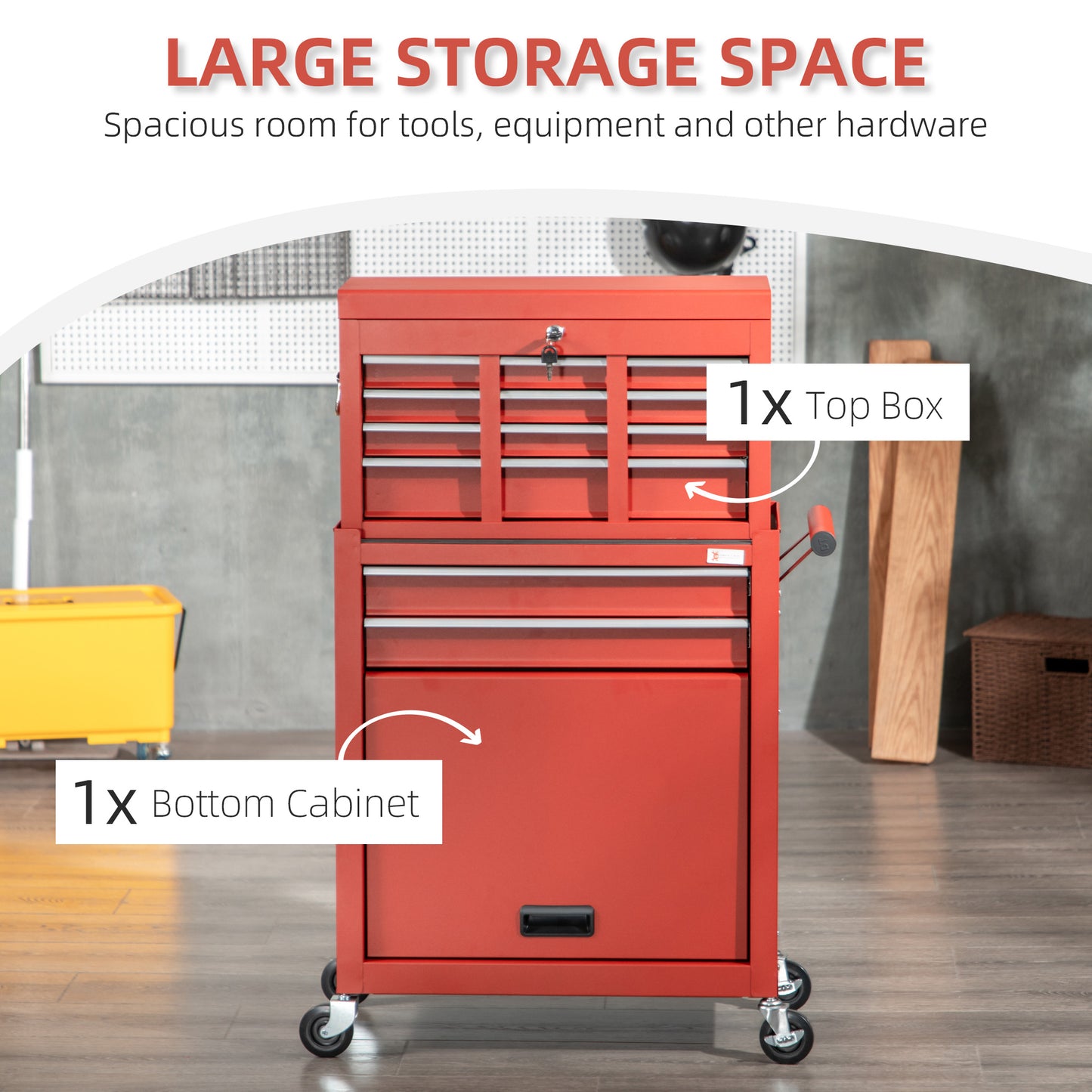 6-Drawer Tool Chest Set with 4 Wheels, Lockable Rolling Tool Box and Storage Cabinet, Removable Portable Set-Top Box Tool Organizer for Garage Factory Workshop, Red