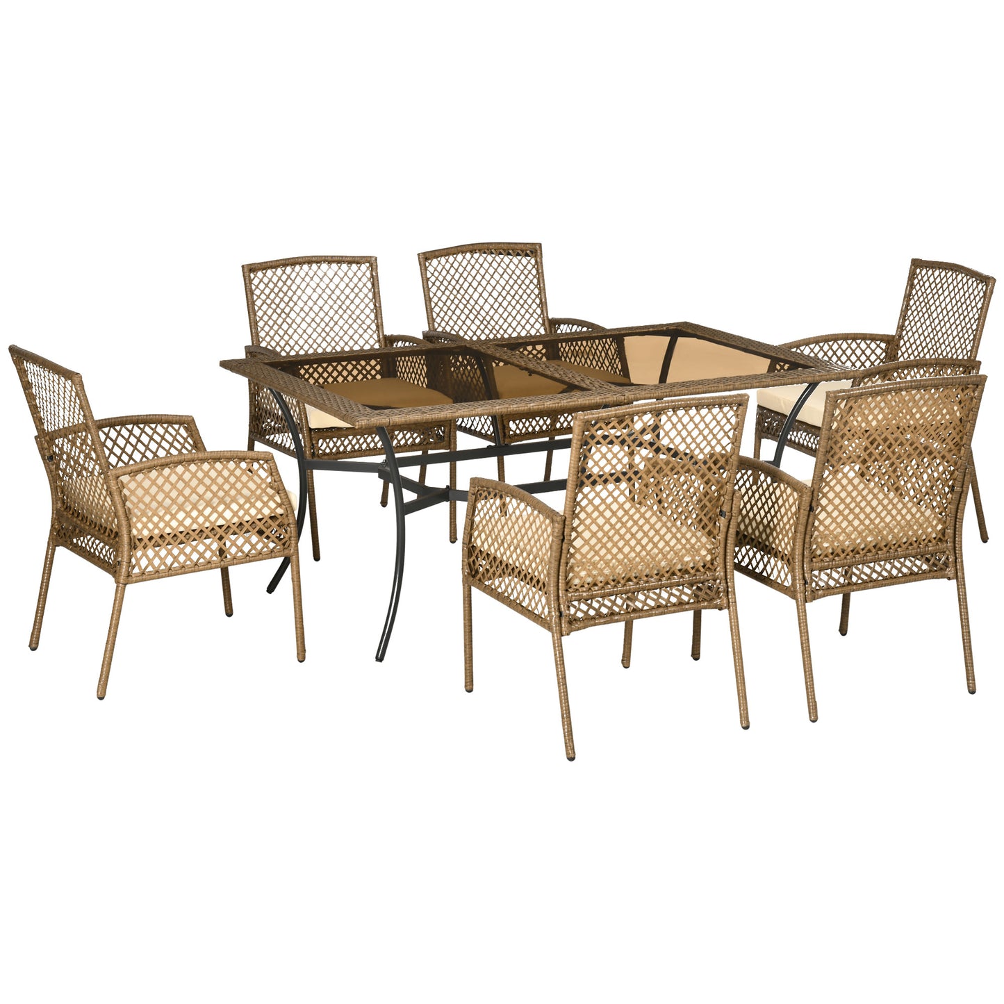 Outsunny 7 Pieces Wicker Patio Dining Set, Outdoor Rattan Dining Set with 1 Rectangular Table & 6 Chairs with Cushions, Tempered Glass Top Table for Patio, Yard, Poolside, Beige