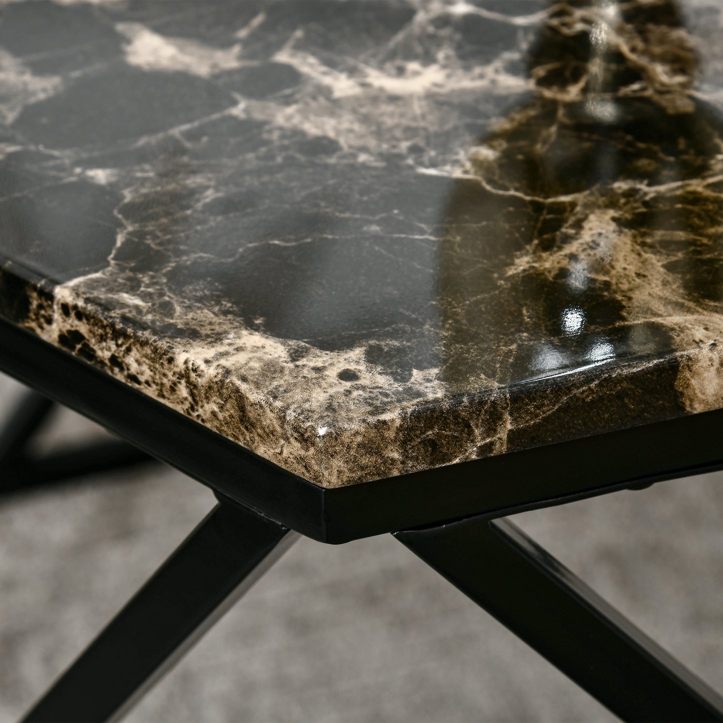 Coffee Table with High Gloss Marble Tabletop, Modern Cocktail Table with Steel Frame for Living Room, Black