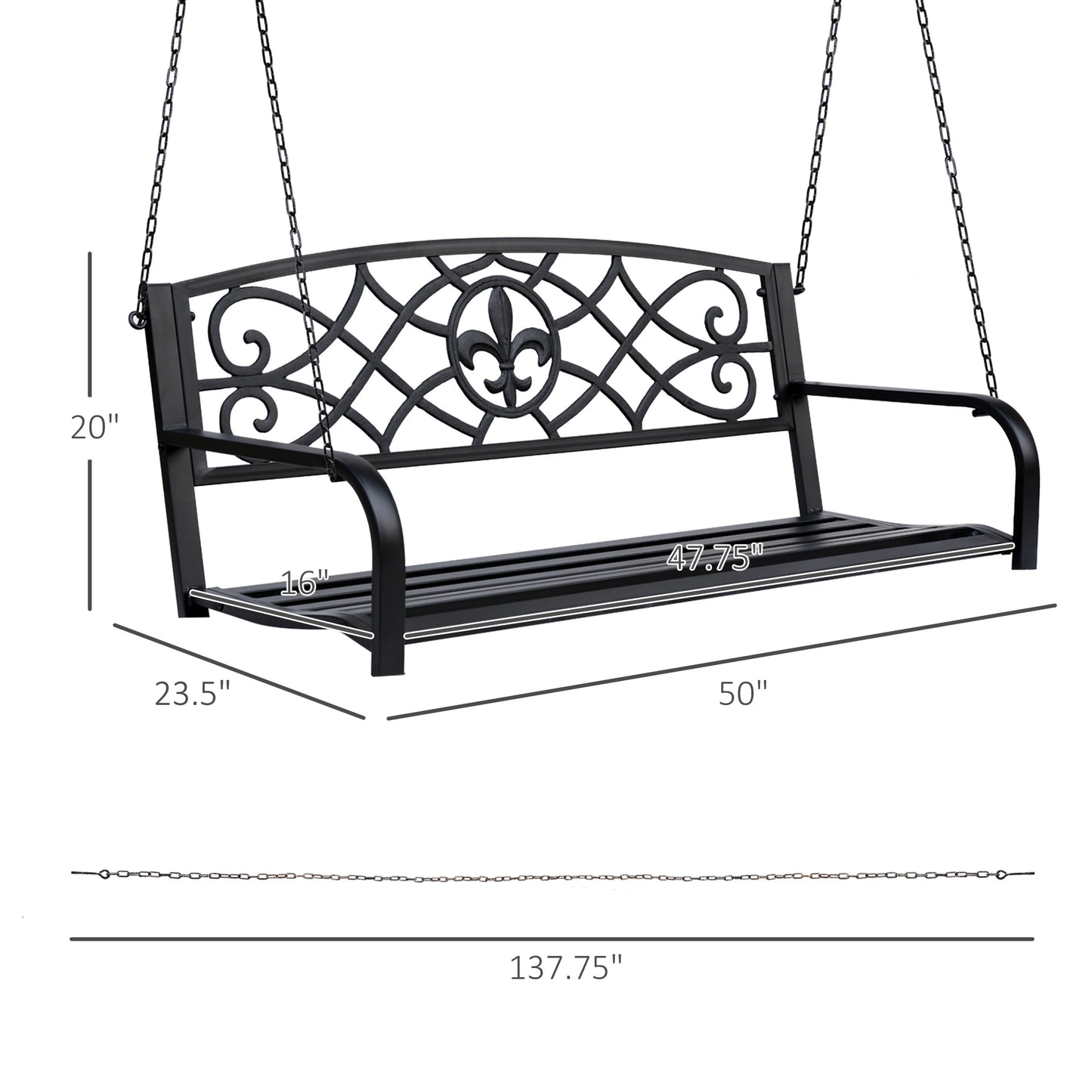 Outsunny Outdoor Steel Porch Swing Garden Hanging Bench Hanging Furniture 2-person Glider Chair Seat with Chain, Black