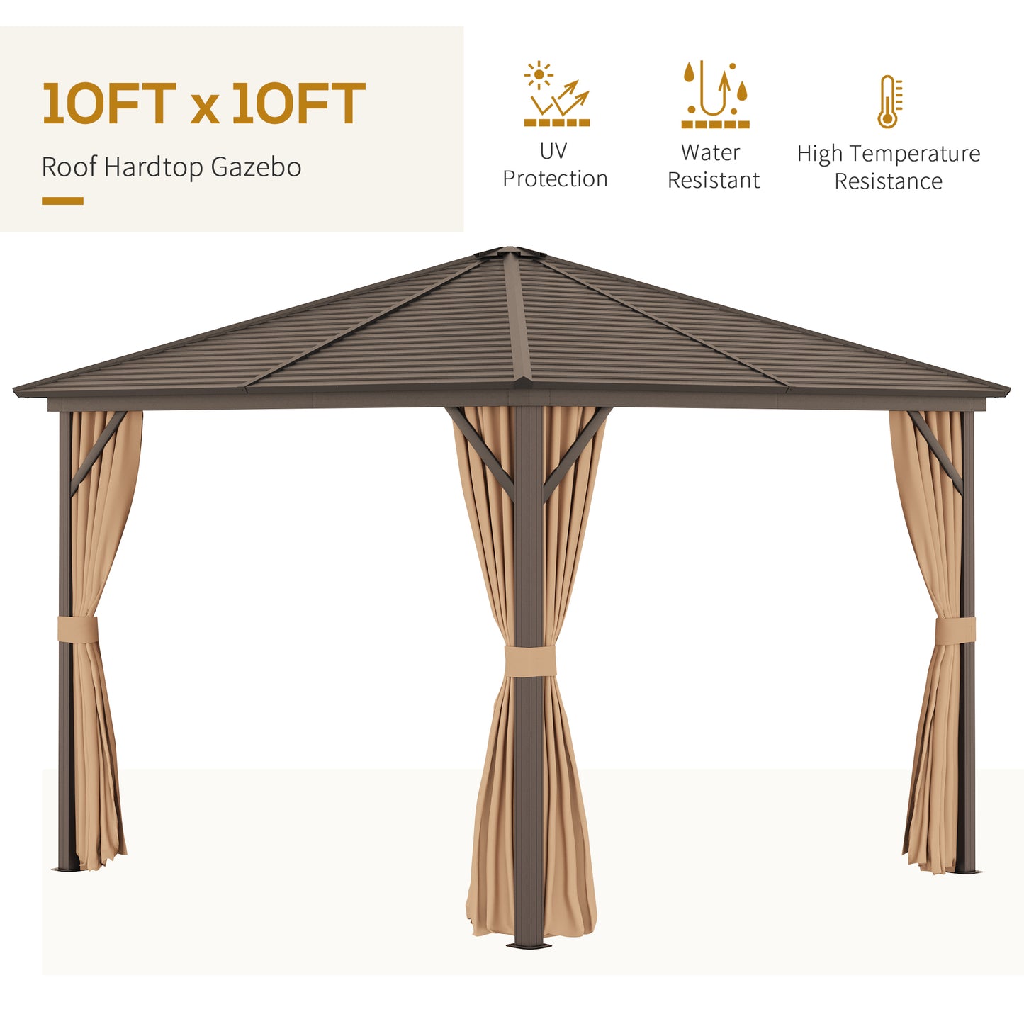 Outsunny 10' x 10' Hardtop Gazebo Outdoor Gazebo Canopy with Mosquito Netting, Curtains, Hanging Hook and Aluminum Frame, Brown