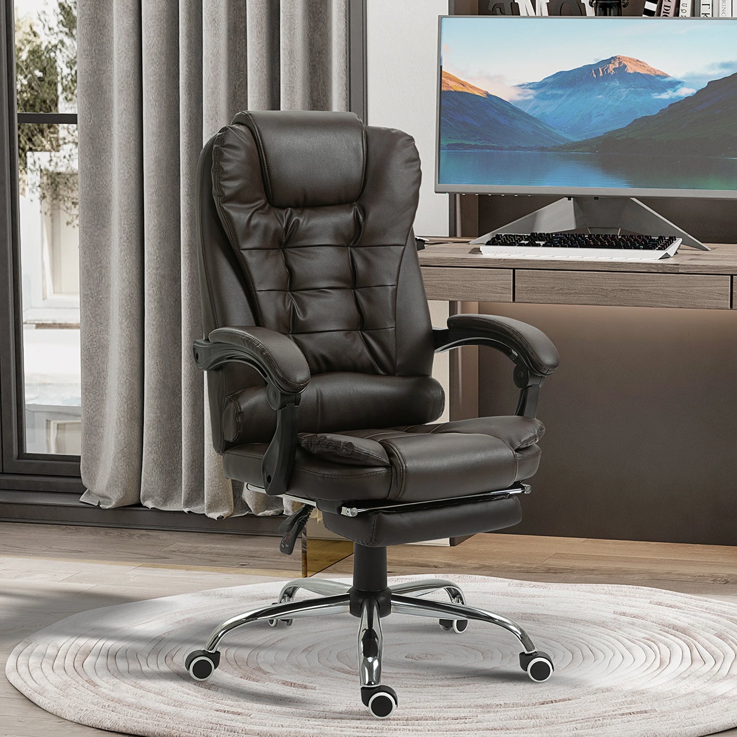 Ergonomic Executive Office Chair High Back PU Leather Reclining Chair with Retractable Footrest Lumbar Support Padded Headrest Armrest Dark Brown