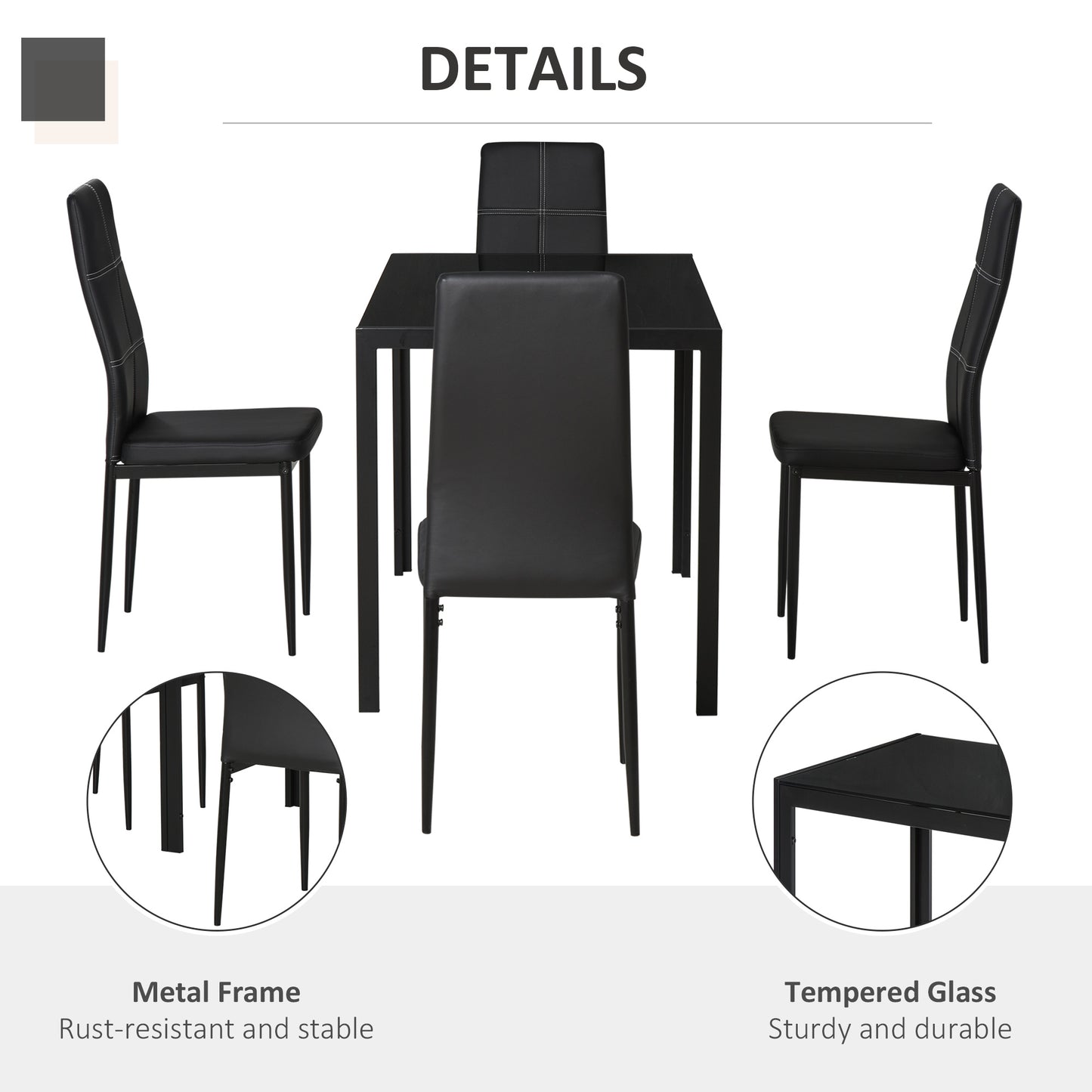 Dining Table Set for 4, 5-Piece Rectangular Glass Kitchen Table with Chairs with Metal Frame and Faux Leather Upholstery, for Diniing Room, Living Room, Black