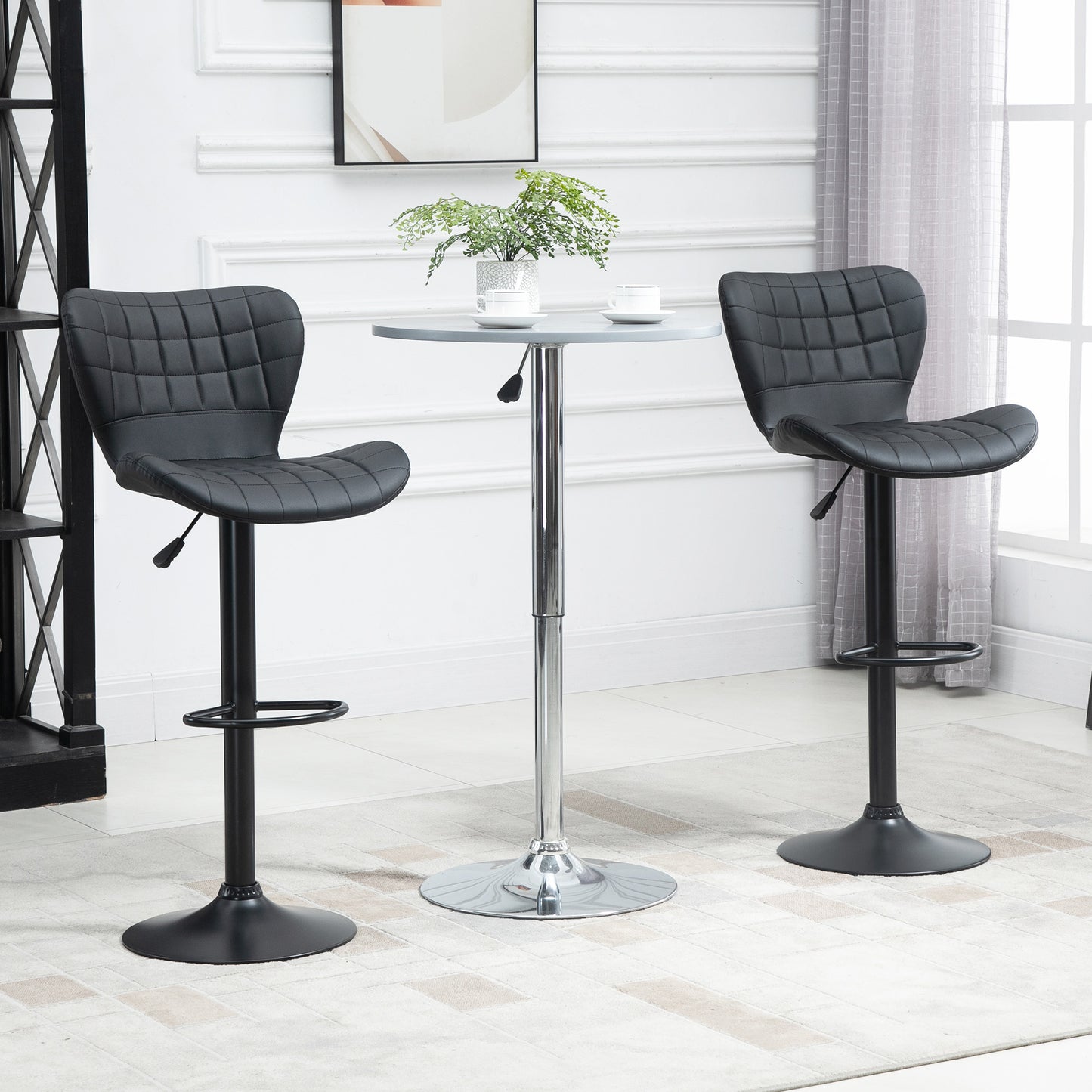 Bar Stools Set of 2 Adjustable Height Swivel Bar Chairs in PU Leather with Backrest & Footrest, Black