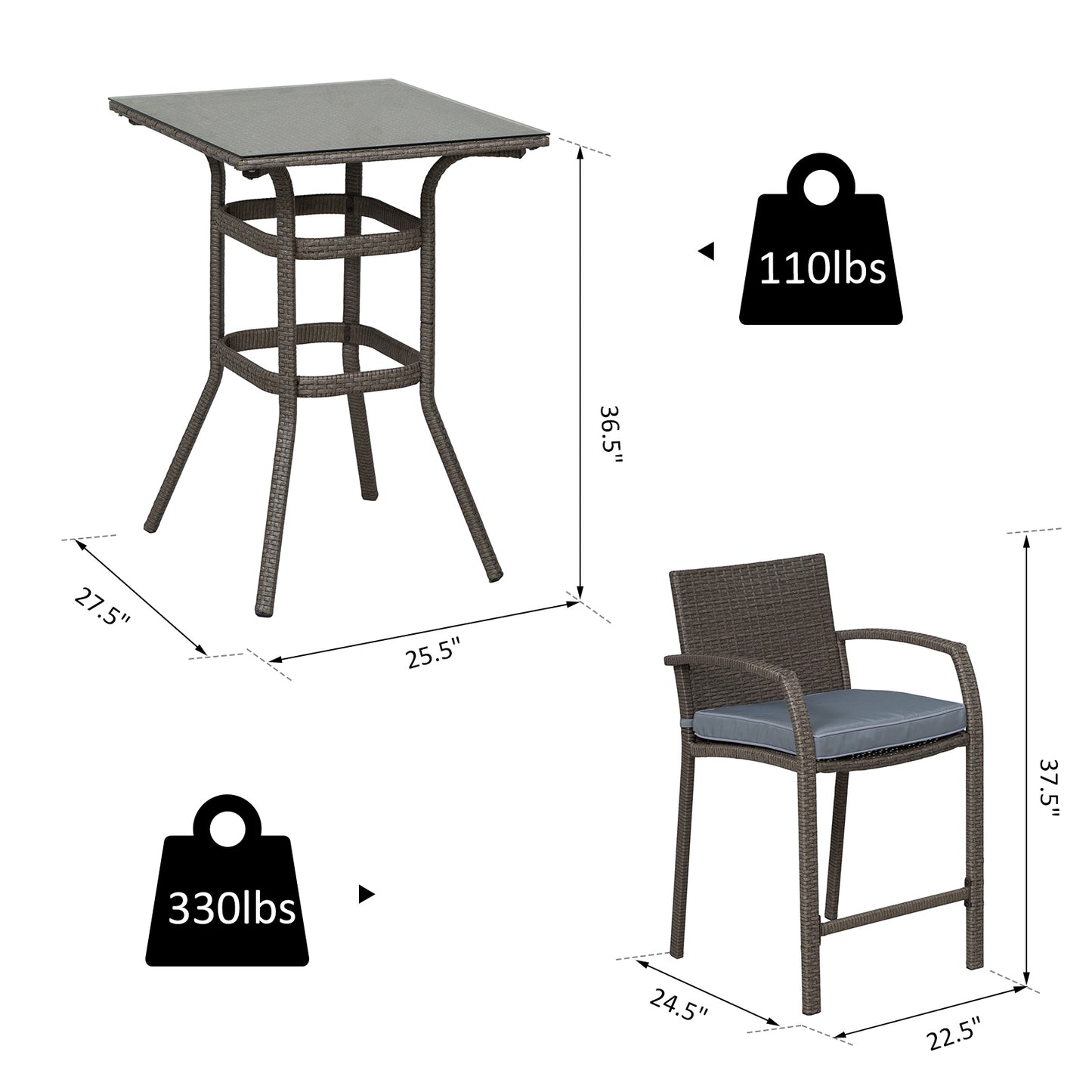 Outsunny 3 Pieces Outdoor Wicker Bistro Bar Set Garden PE Rattan Bar Table and Stools with Seat Cushion, Grey