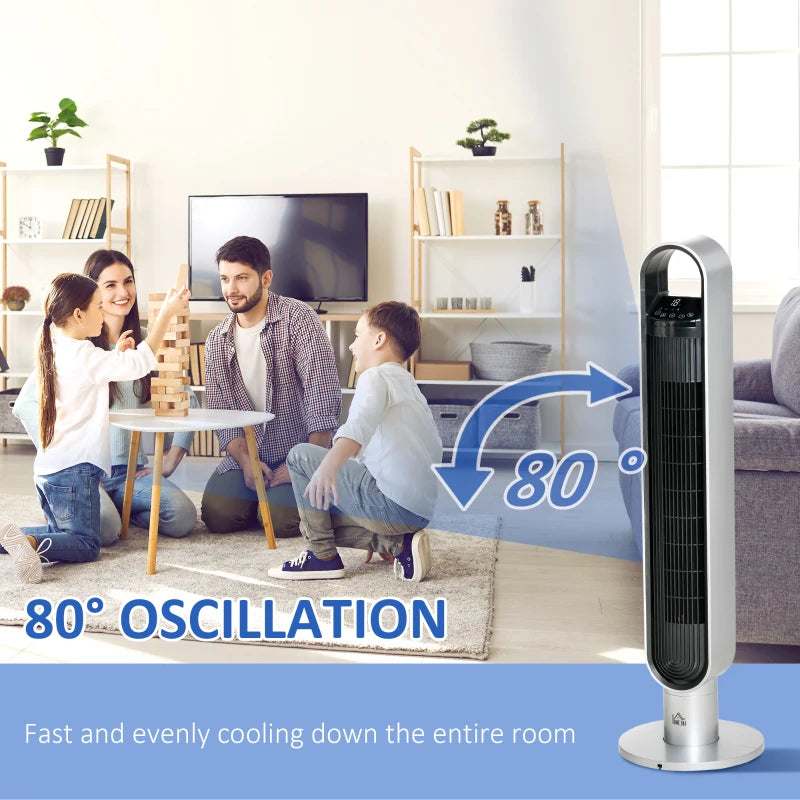 Freestanding Tower Fan Cooling for Home Bedroom with Oscillating, 3 Speed, 12h Timer, LED Sensor Panel, Remote Controller, Silver