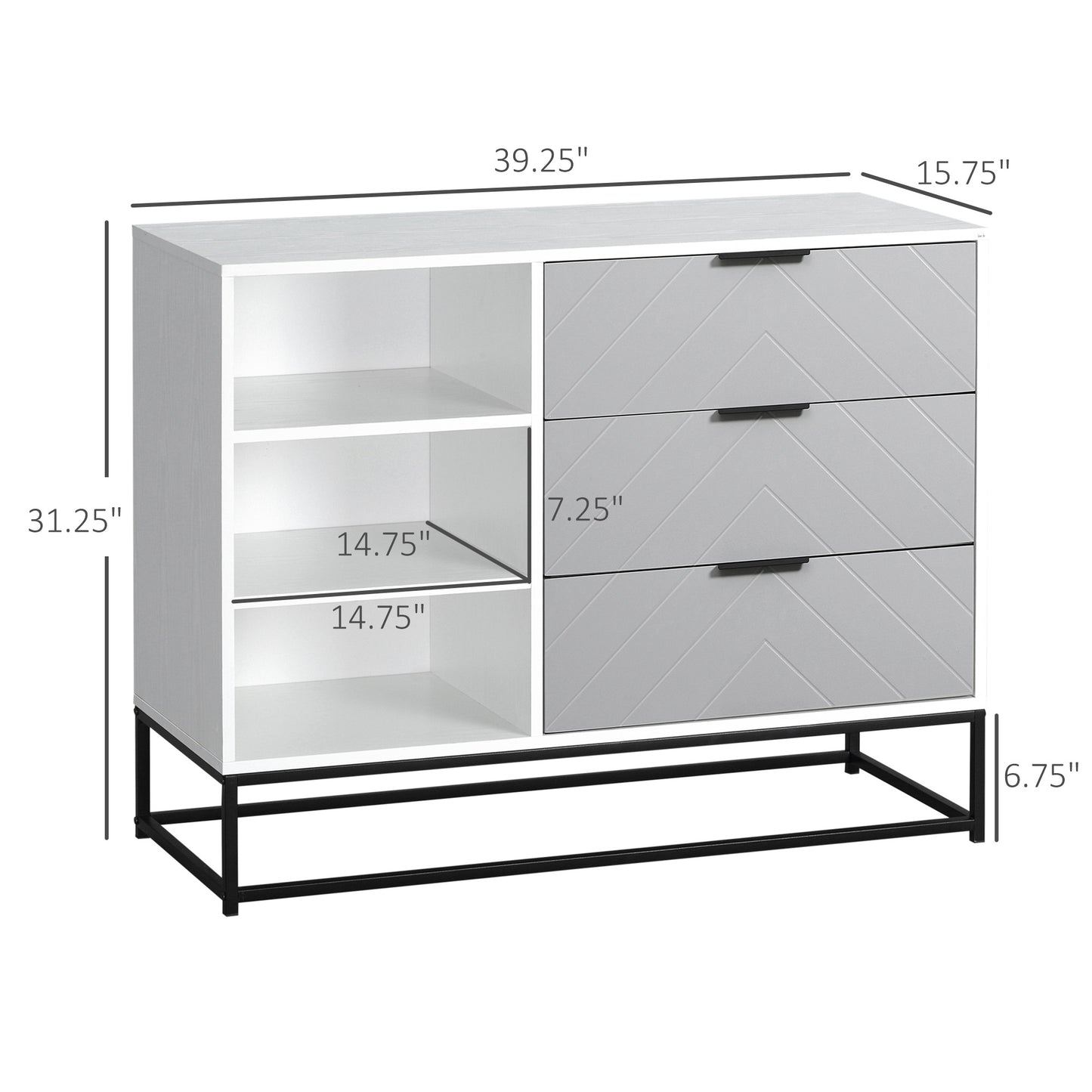 Modern Storage Cabinet, 3 Drawer Dresser with Chevron Pattern for Bedroom, Living Room, in Grey and White