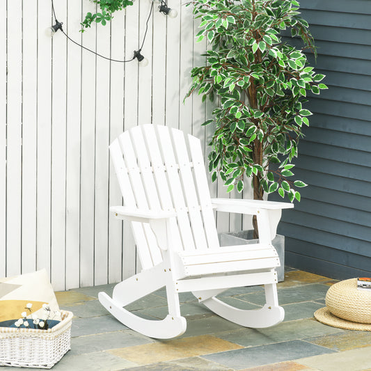 Wooden Adirondack Rocking Chair with Slatted Wooden Design, Fanned Back, & Classic Rustic Style, White