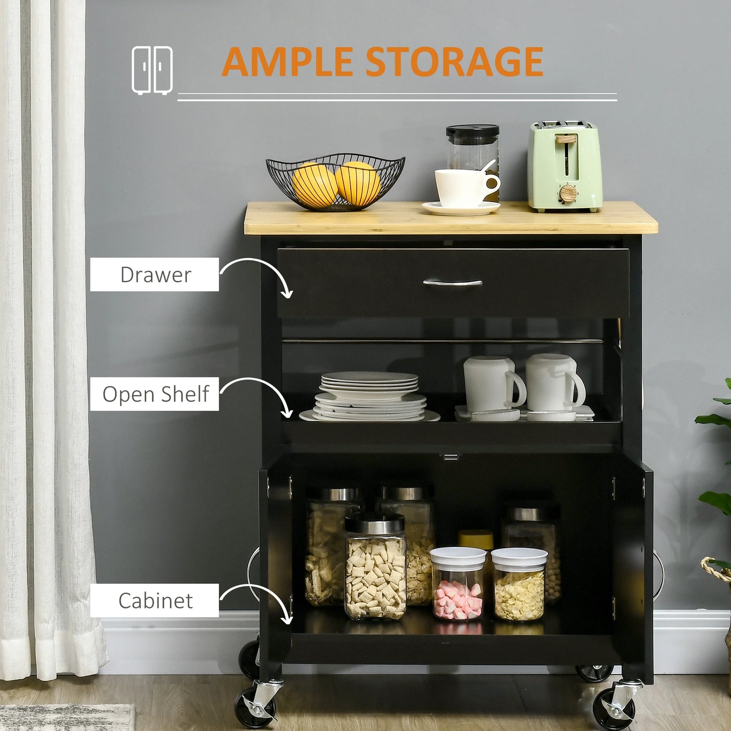 Kitchen Cart, Utility Trolley, Small Kitchen Island with Storage Drawer & Side Hooks for Dining Room, Black