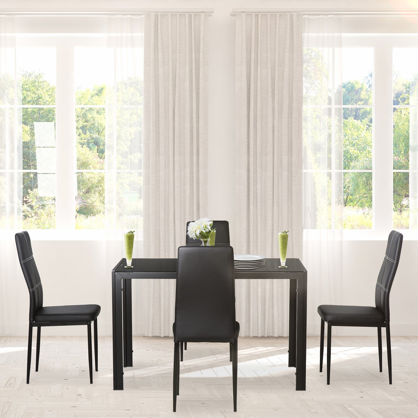 Dining Table Set for 4, 5-Piece Rectangular Glass Kitchen Table with Chairs with Metal Frame and Faux Leather Upholstery, for Diniing Room, Living Room, Black