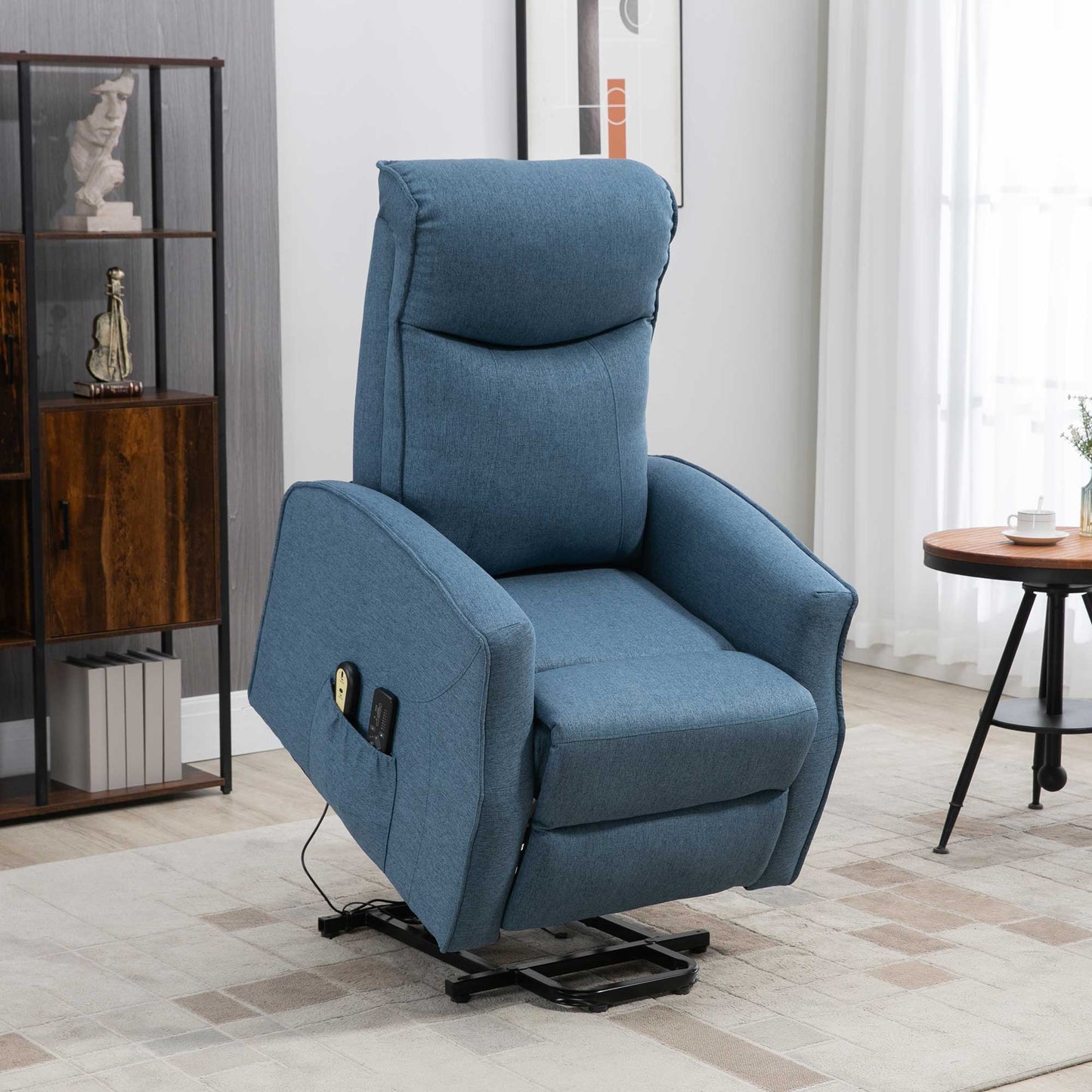 Power Lift Massage Recliner Chair for Elderly, Electric Linen Fabric Reclining Chair with 8 Vibration Points, Remote Control, Side Pockets, Blue