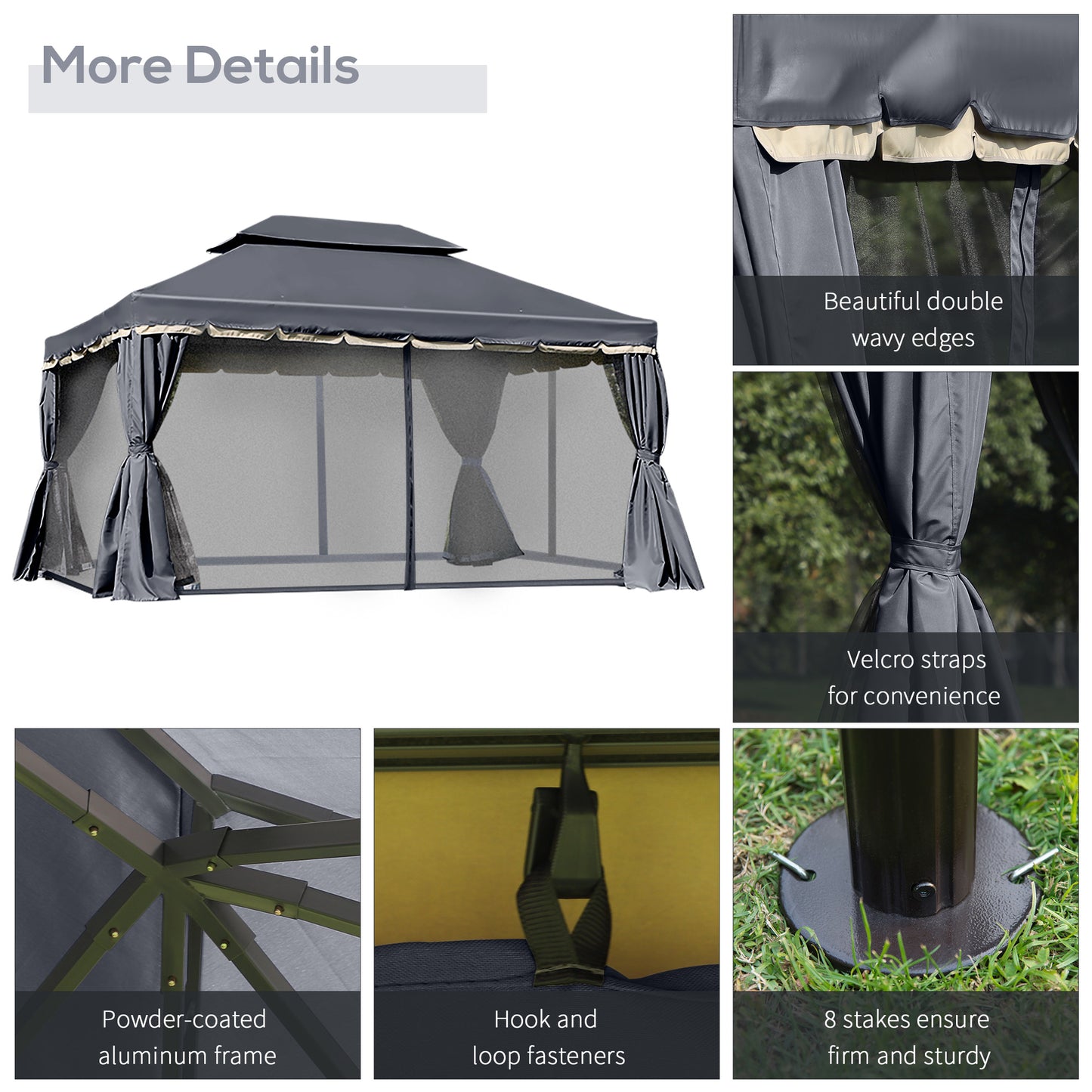 Outsunny 13' x 10' Outdoor Patio Gazebo Canopy with 2-Tier Polyester Roof, Vented Mesh Sidewall & Strong Aluminum Frame, Black