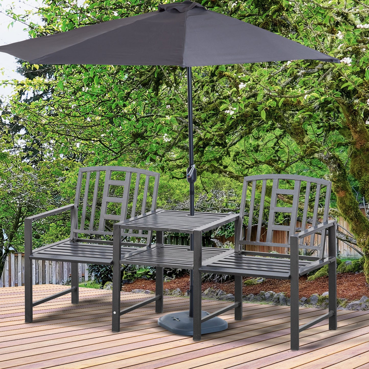 Outsunny Steel Garden Bench w/ Middle Table Umbrella Hole Double Seat for Outdoor Patio Backyard Weather-Resistant Frame Black