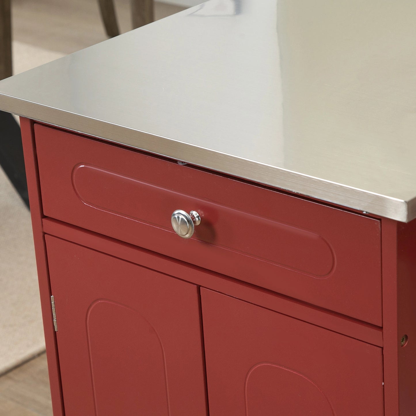 Kitchen Cart, Small Kitchen Island, Stainless Steel Top Utility Trolley on Wheels with Storage Drawer for Dining Room, Kitchen, Red