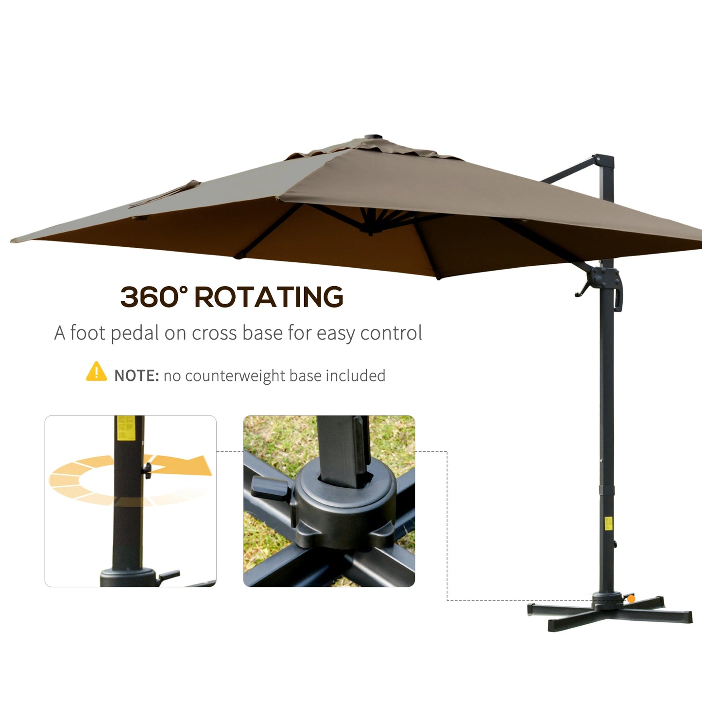 Outsunny 10x10ft Cantilever Umbrella Rotatable Square Top Market Parasol with 4 Adjustable Angle for Backyard Patio Outdoor Area Coffee