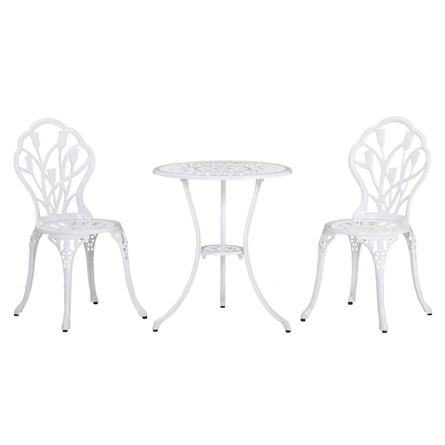 Outsunny 3PCs Patio Bistro Set, Outdoor Cast Aluminum Garden Table and Chairs with Umbrella Hole for Balcony, White