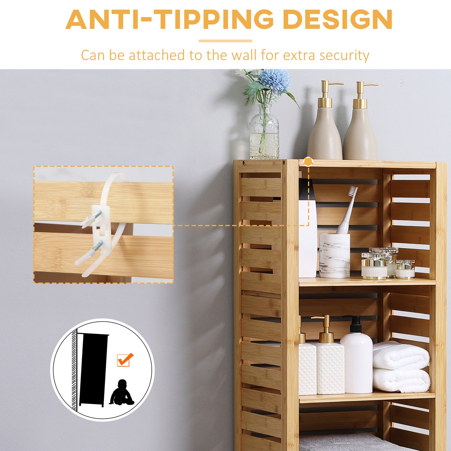 Tall Bathroom Cabinet with 3 Open Shelves, Slim Bamboo Linen Tower Freestanding Linen Towel with Slatted Door, Natural