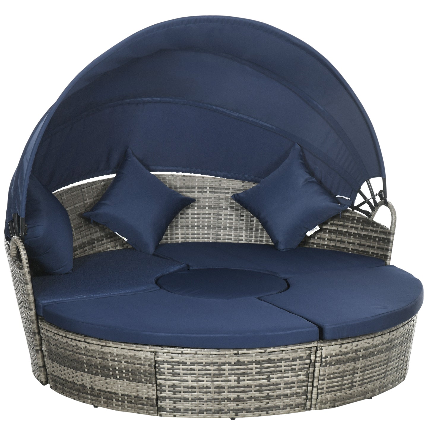 Outsunny 4 Pieces Outdoor Daybed, Patio Lounge Chair with Cushioned Round Sofa Bed, Sectional Patio Conversation Furniture Set with Canopy & Coffee Table, Dark Blue