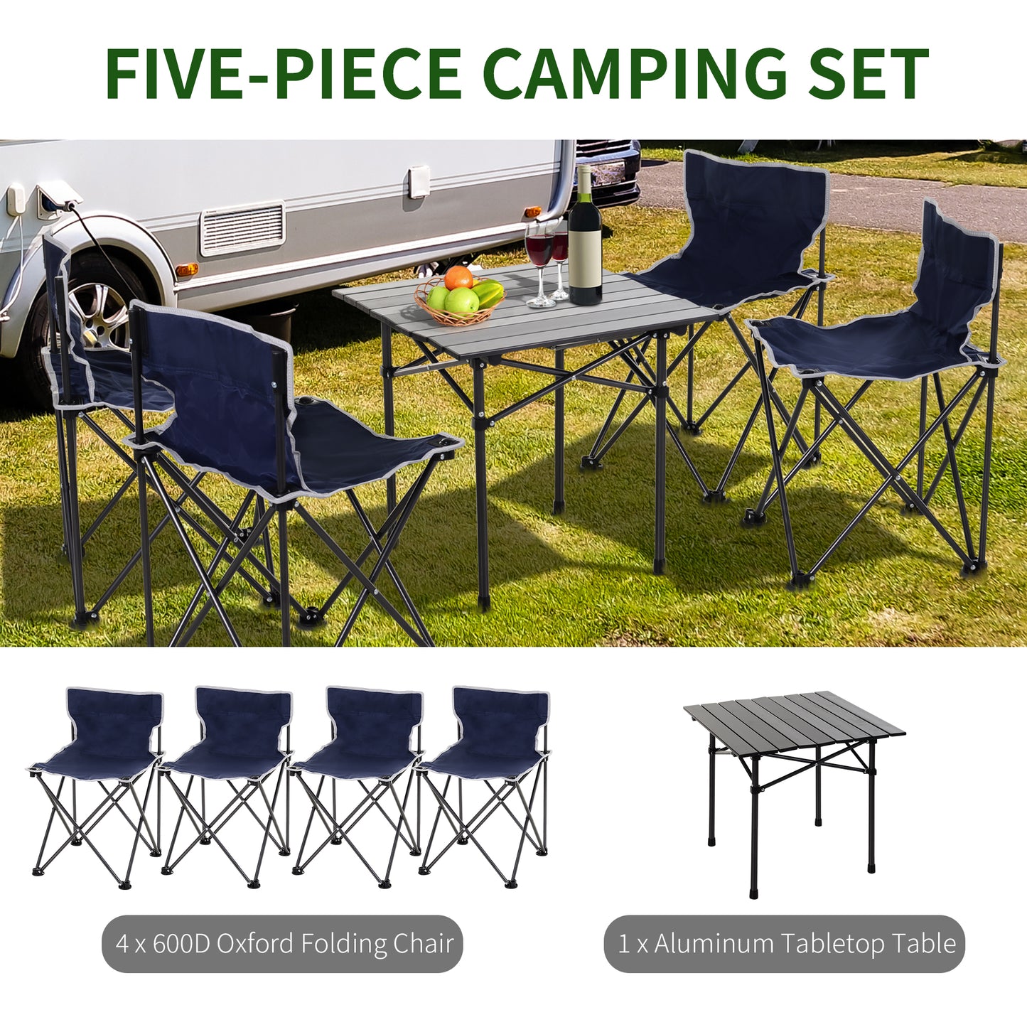 Outsunny Portable Picnic Table with 4 Stools and Carry Bag, Folding Camping Table and Chairs Set w/ Aluminum Roll-up Tabletop for Indoor Outdoor Travel Party BBQ