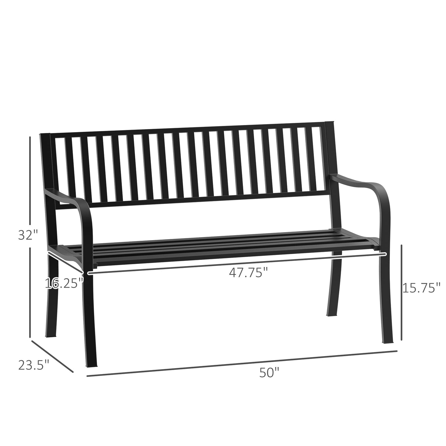 Outsunny 50" Steel Garden Bench Patio Metal Backyard Park Chair Outdoor Seat Furniture Black