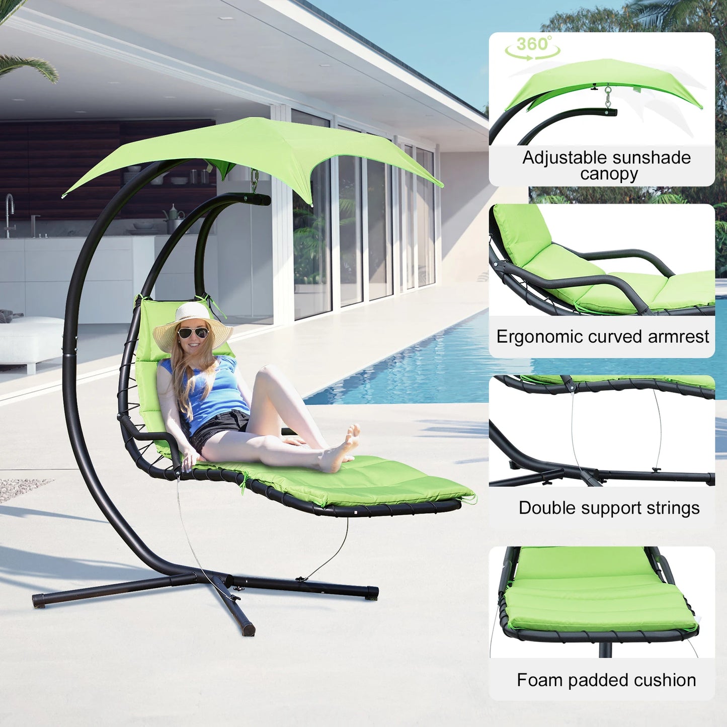 Outsunny Floating Chaise Lounge Outdoor Porch Swing Chair Hanging Hammock Reclining Seat w/ Arc Stand & Canopy Umbrella Green