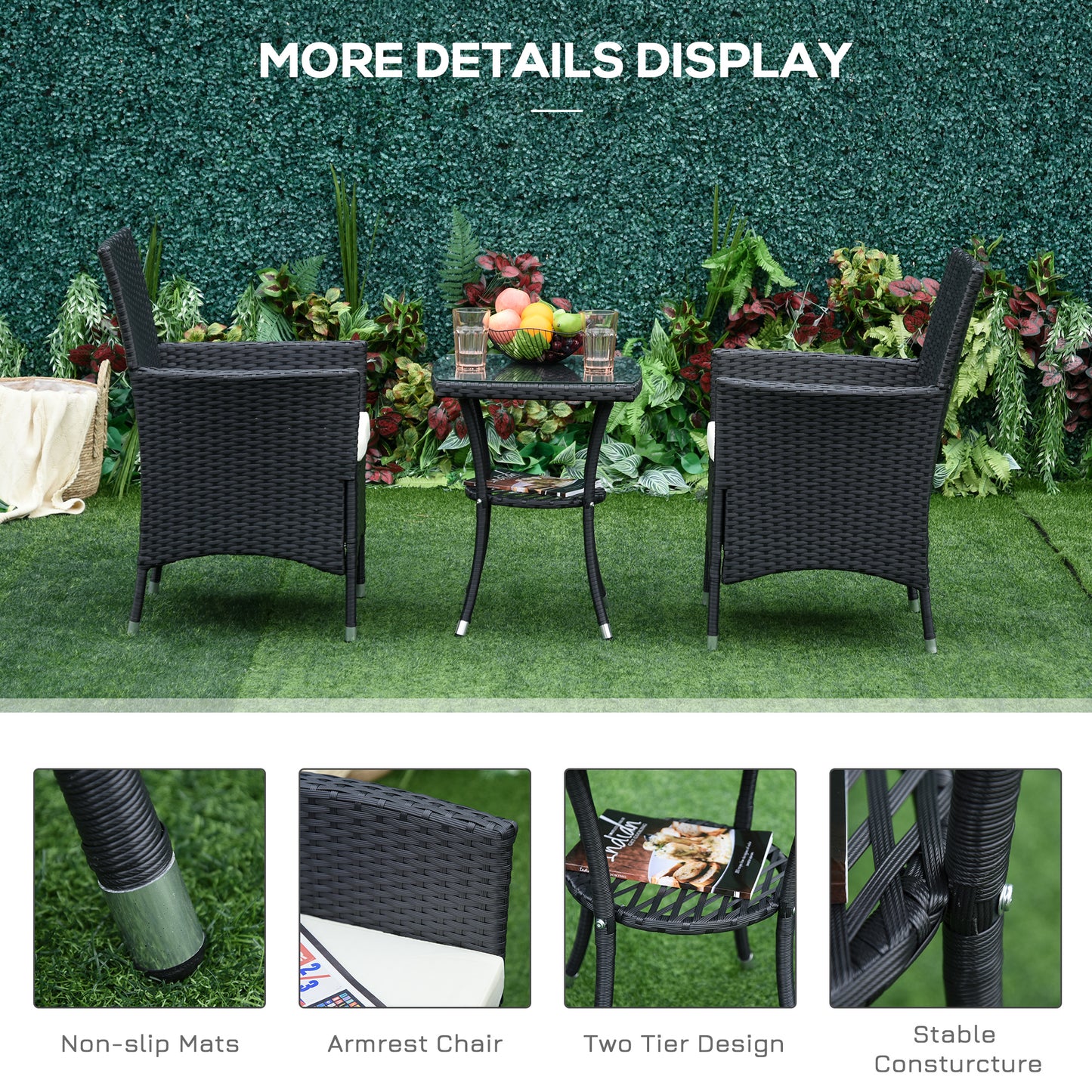 Outsunny 3 Pieces Patio Bistro Set, Outdoor PE Rattan Porch Furniture with Two Armchairs, Glass Top Coffee Table, Black