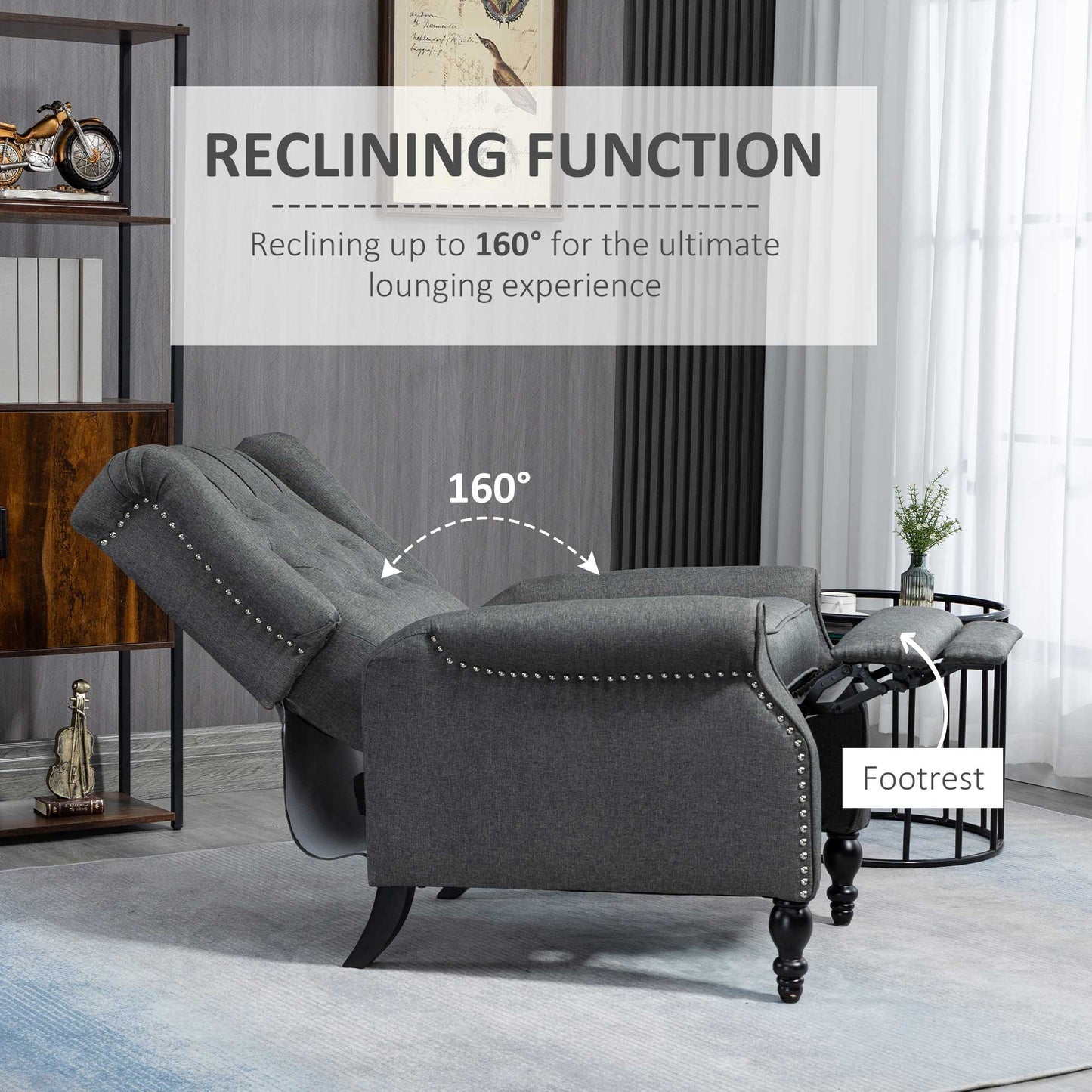 Manual Reclining Sofa, Fabric Push Back Recliner Chair with Button Tufted Backrest, Nail Head Trim, Armrest, Dark Gray