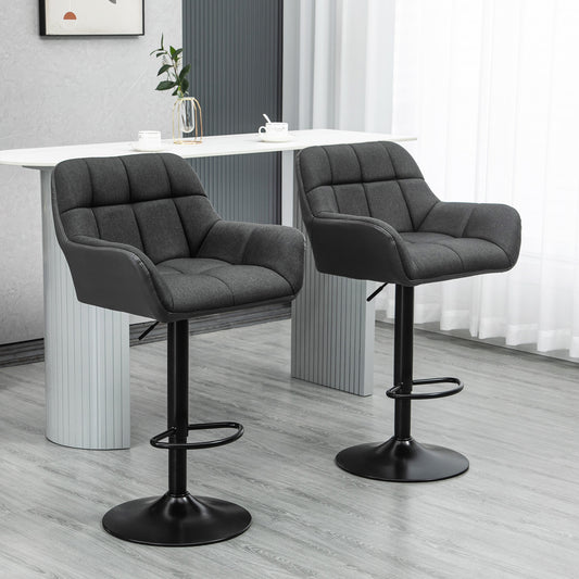 Modern Adjustable Bar Stools Set of 2, Swivel Tufted Fabric Barstools with Footrest, Armrests and PU Leather Back, for Kitchen Counter and Dining Room, Black