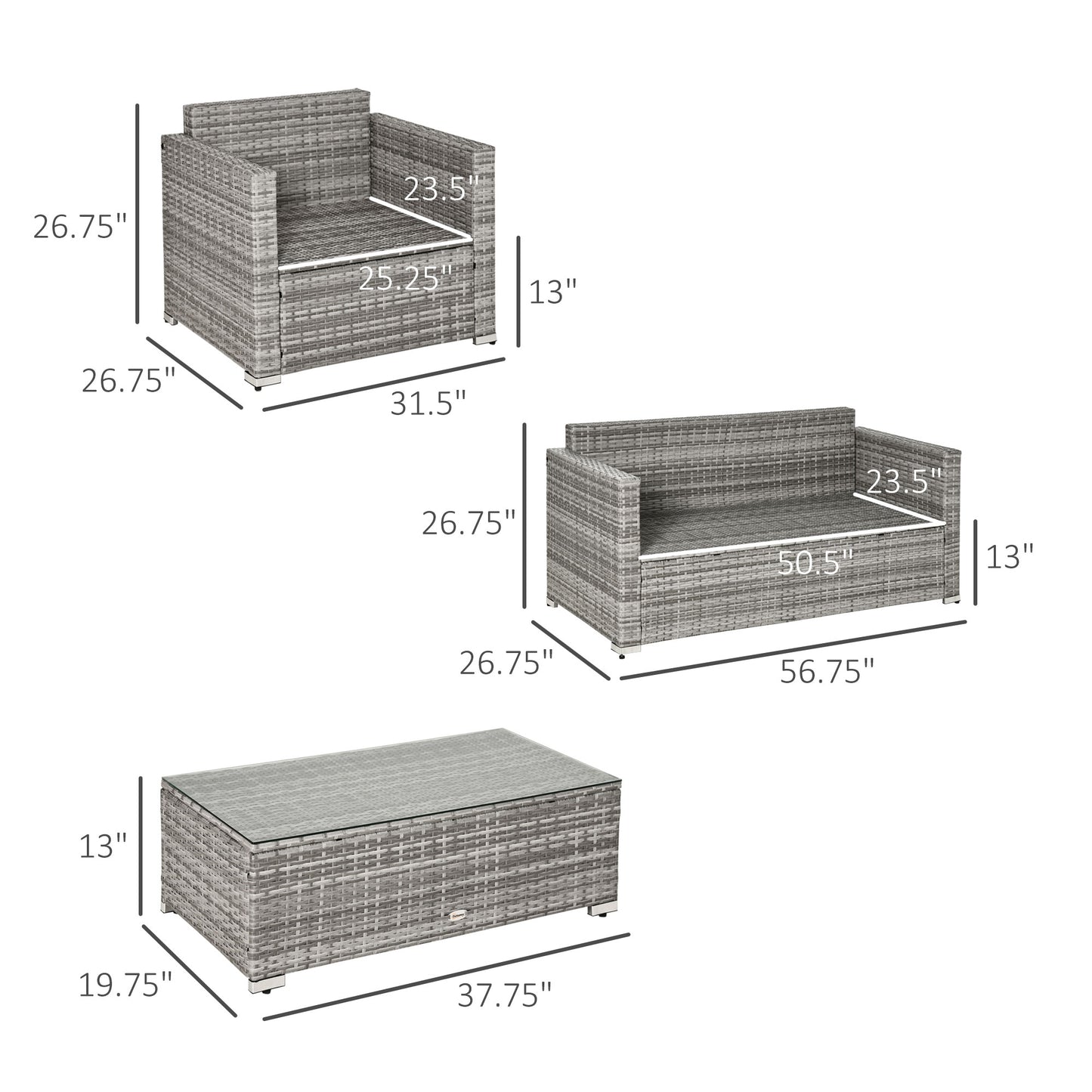 Outsunny 4 Pieces Patio Wicker Sofa Set, Outdoor PE Rattan Extra Wide Seat Conversation Furniture w/ Tempered Glass Table-top & Thick Padded Cushion for Garden, Backyard, Lawn, Mixed Grey