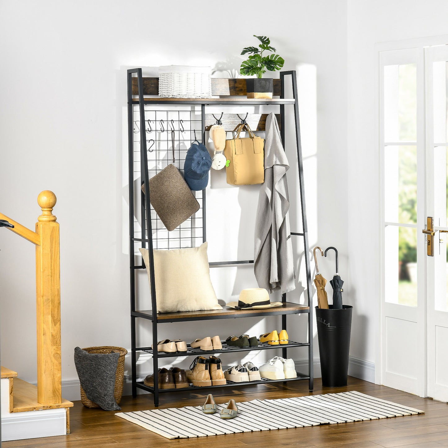 Industrial Hall Tree, Coat Rack Standing, Coat Hanger with Wire Grid, Hanging Hooks, Mesh Shoe Storage Shelves for Hallway, Entryway, Rustic Brown