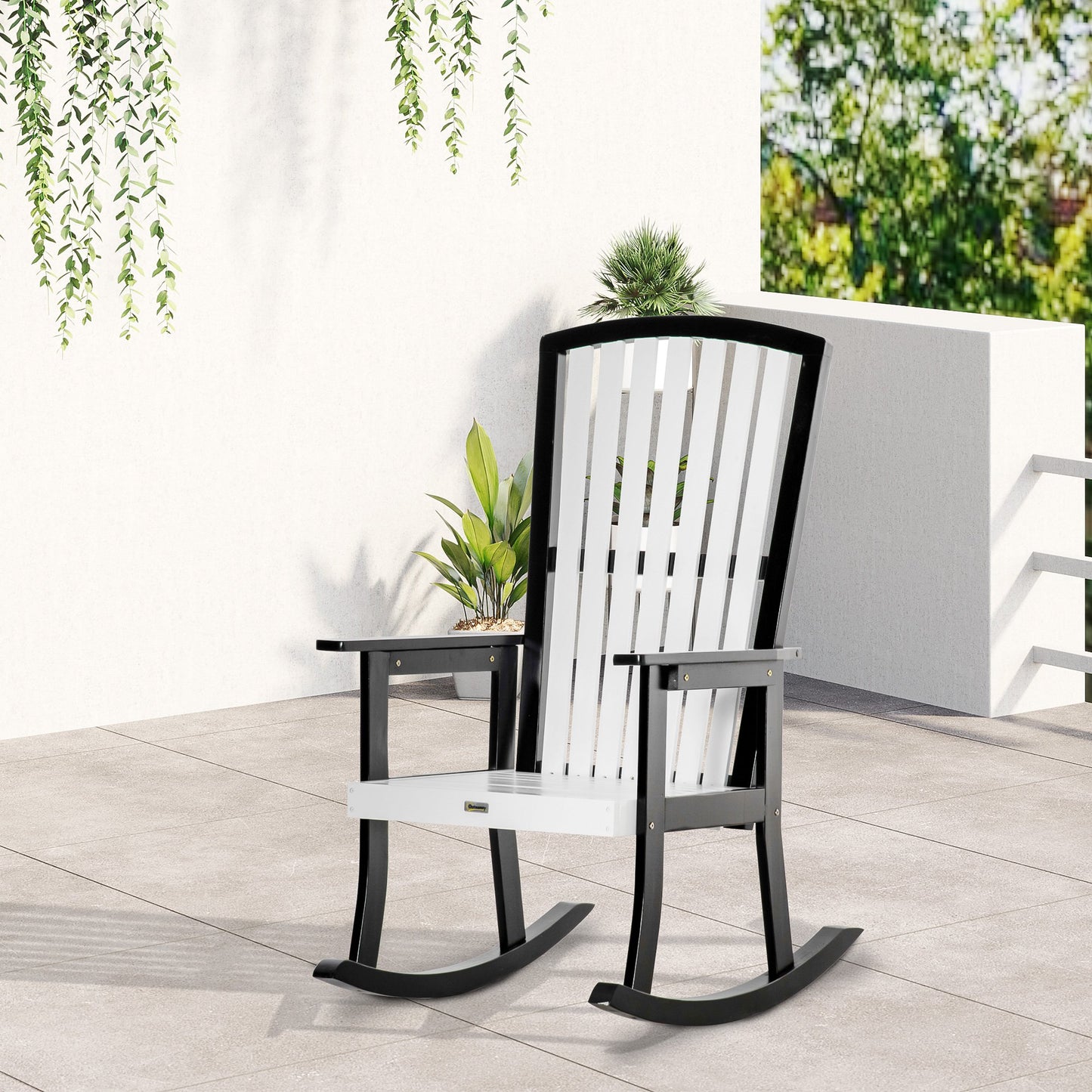 Wooden Rocking Chair, Traditional Porch Rocker, Fade-Resistant Patio Rocker Chair for Outdoor Indoor Use, White and Black