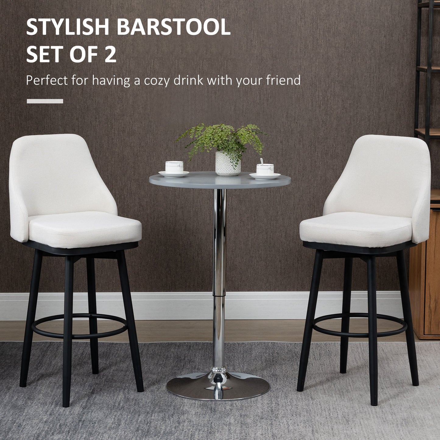 Extra Tall Bar Stools Set of 2, Modern 360° Swivel Barstools, Dining Room Chairs with Steel Legs Footrest, Cream White