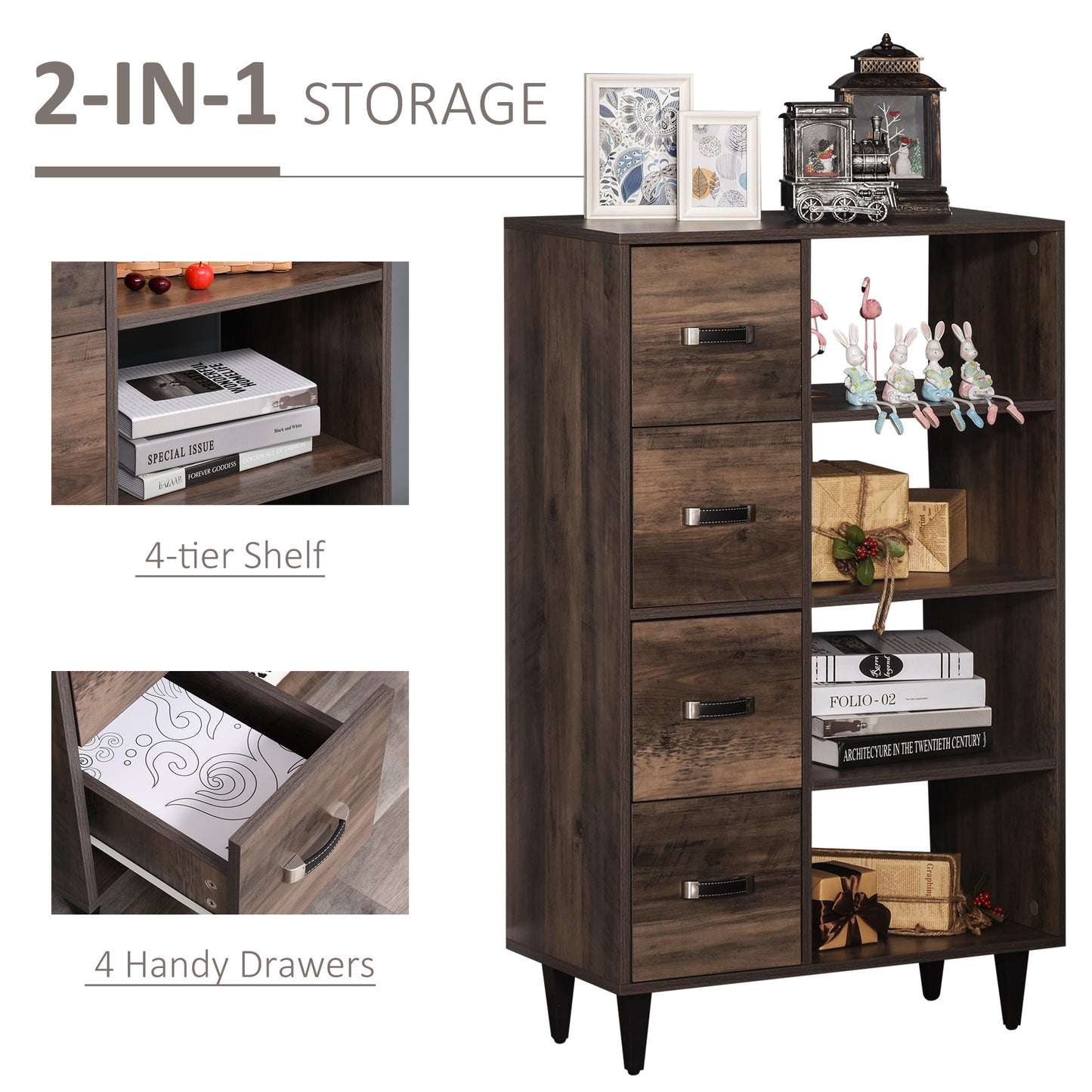 4-Drawer Dresser Storage Cabinet with 4-Tier Shelves for Living Room & Bedroom