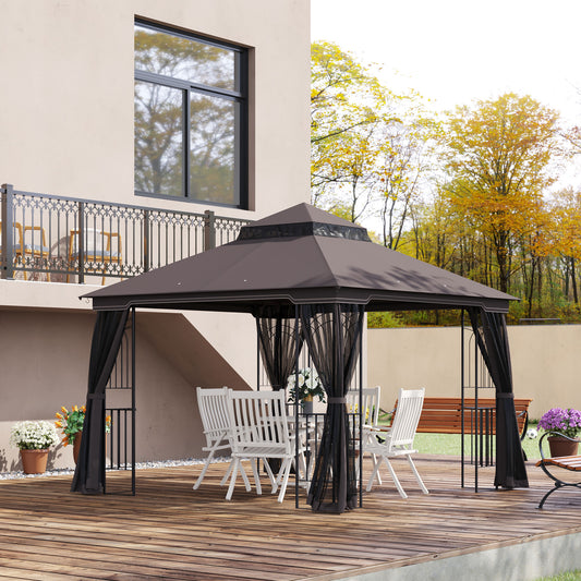 Outsunny 10' x 10' Outdoor Patio Gazebo Canopy with Double Tier Roof Removable Mesh Curtains Display Shelves Top Hooks Coffee