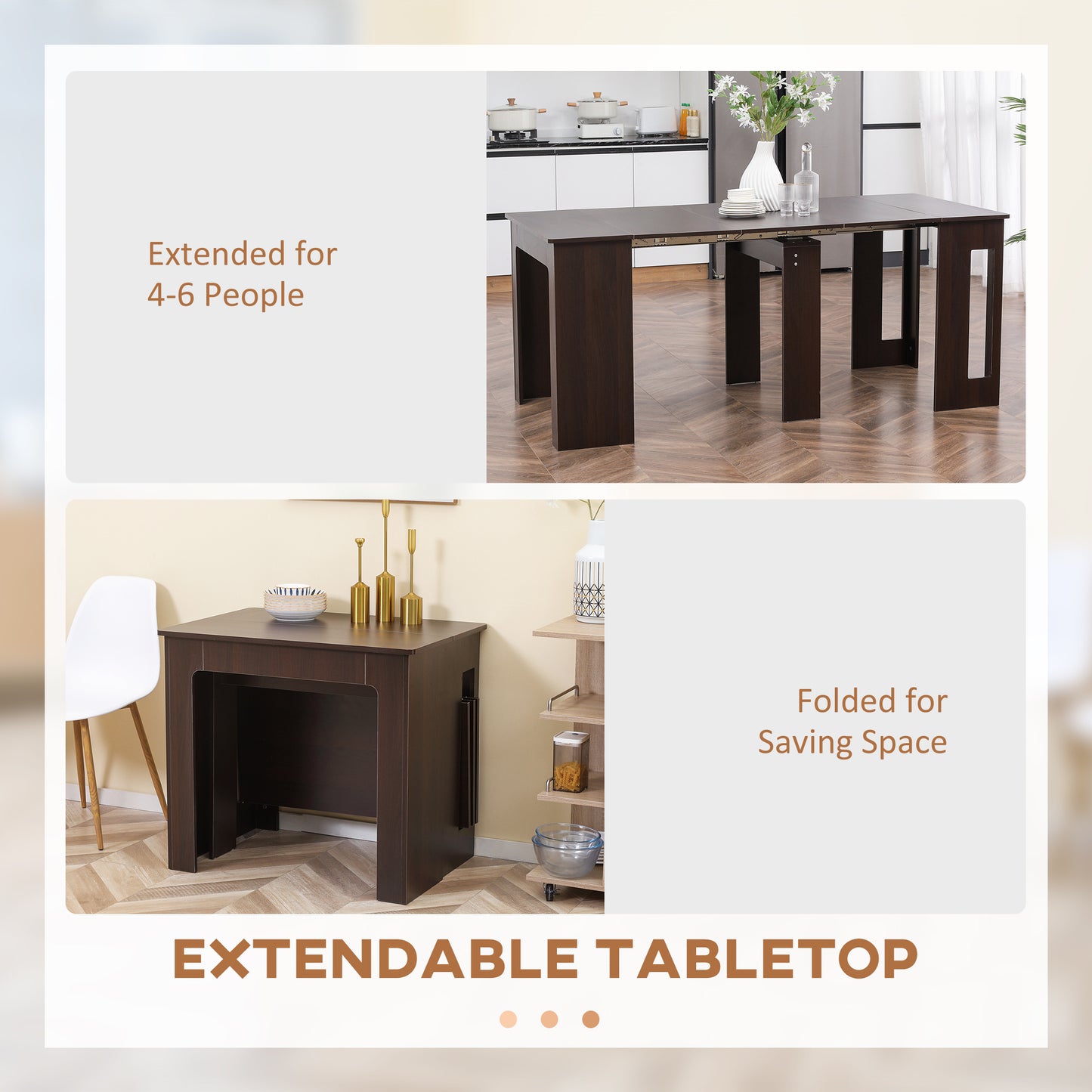 Foldable Table, Extendable Dining Table, Kitchen Table for Small Spaces, Seats up to 6 People, Dark Brown