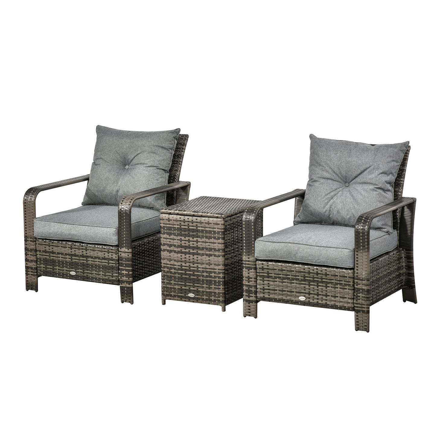 Outsunny 3 Piece PE Rattan Garden Sofa Set with 2 Padded Chairs 1 Storage Table, Mixed Brown