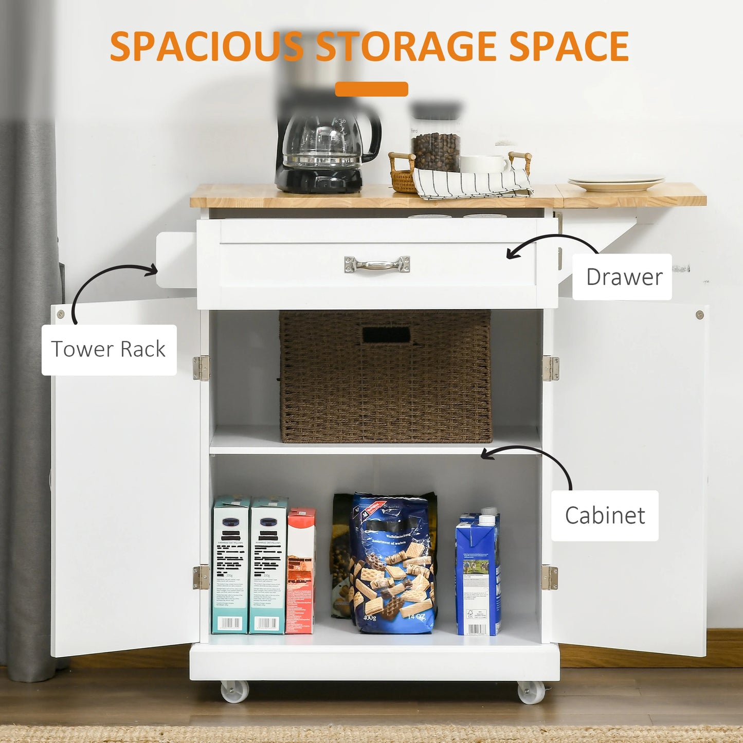 Foldable Kitchen Island with Storage Drawer, Farmhouse Style Rolling Utility Cart, Coffee Bar Cabinet on Wheels with Drop-Leaf Wood Top, White