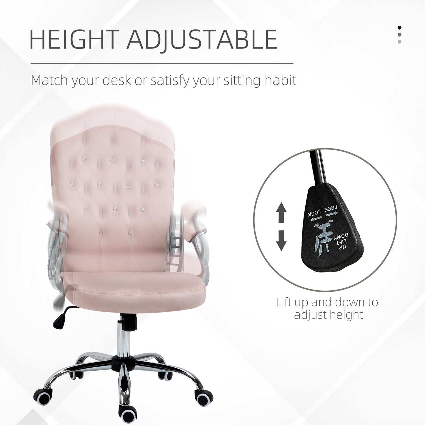 Vinsetto Home Office Chair, Velvet Computer Chair, Button Tufted Desk Chair with Swivel Wheels, Adjustable Height, Tilt Function, Pink